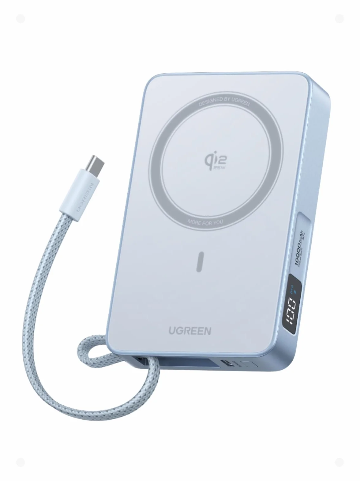 UGREEN MagFlow Magnetic Power Bank 10000mAh 25W Qi2 Magsafe z Wbudowanym Kablem USB-C i Wyświetlaczem LED Niebieski