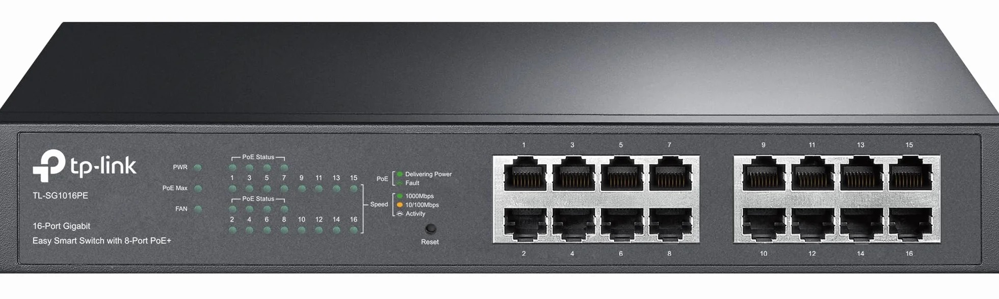 TP-Link TL-SG1016PE 16-portowy przełącznik Gigabit PoE+ 110W rack VLAN QoS