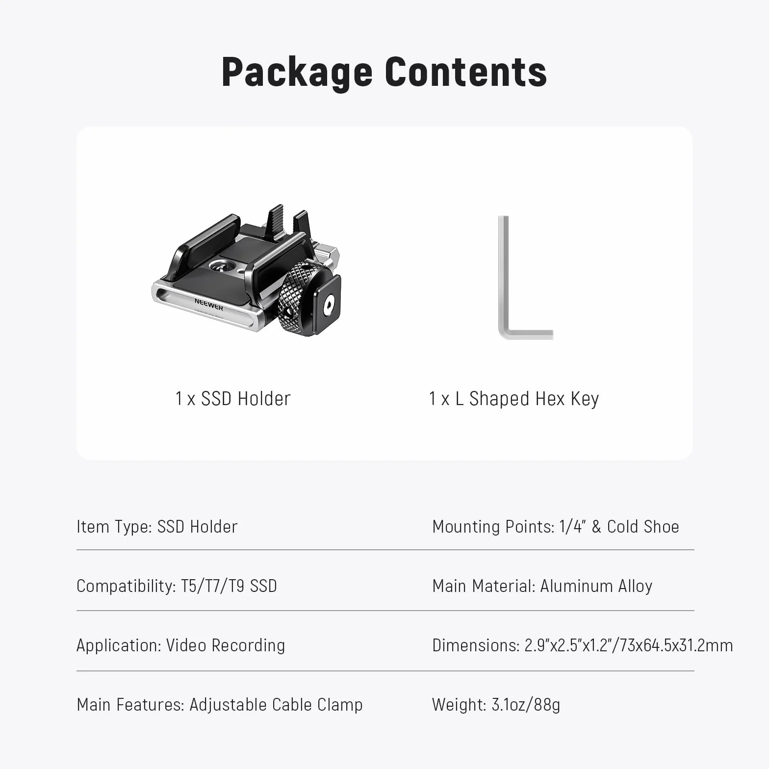 Neewer Uniwersalny uchwyt SSD, montażowy z zimną stopką, 4.1-6.6 cm do T5 T7 T9 SSD, kompatybilny z SmallRig BMPCC 4K 6K, 15 Pro/15 Pro Max