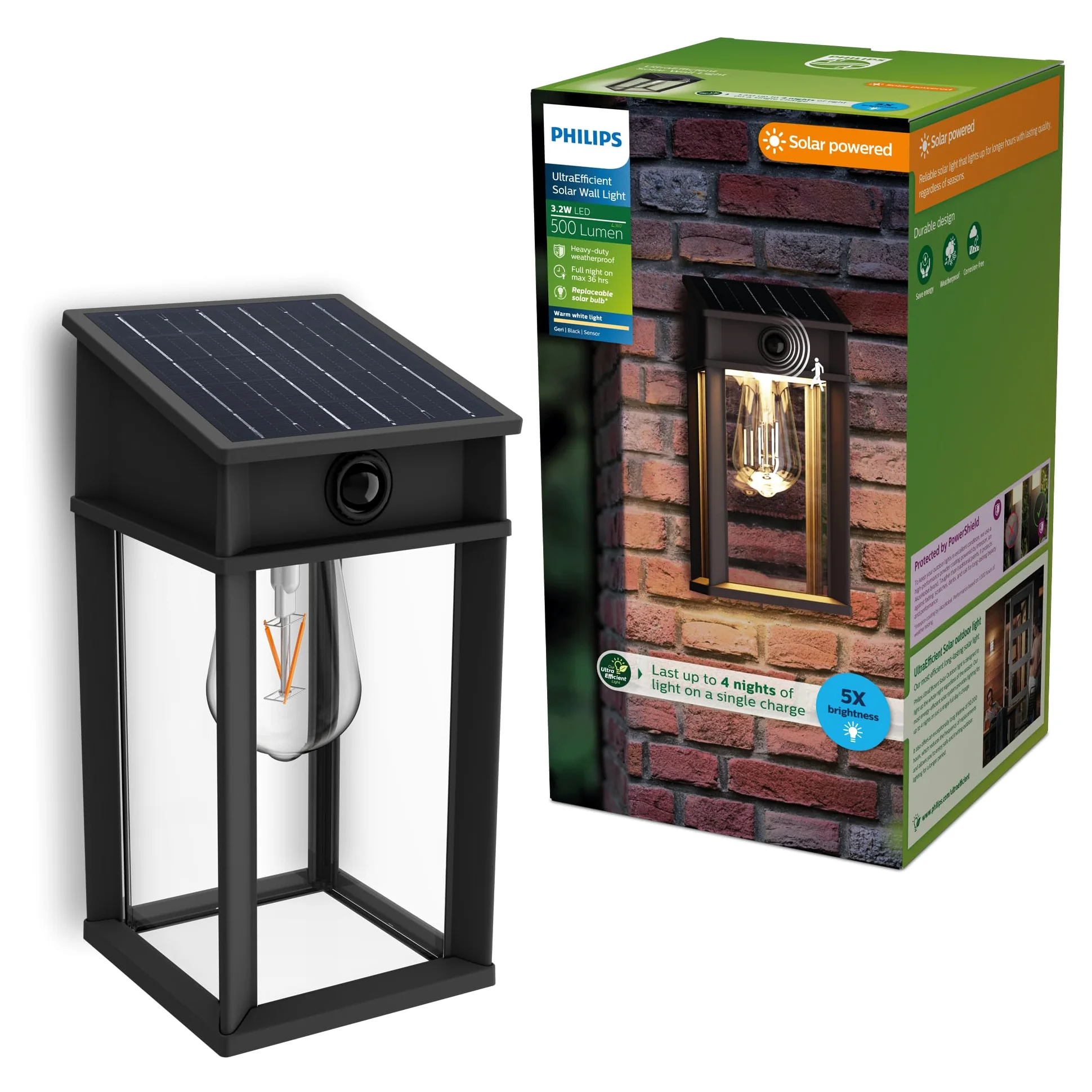 Philips Geri UltraEfficient Zewnętrzna Solarna Lampa Ścienna, Wymienna Żarówka Solarna, Czujnik Ruchu, 2700K, Kwadratowa, Czarna