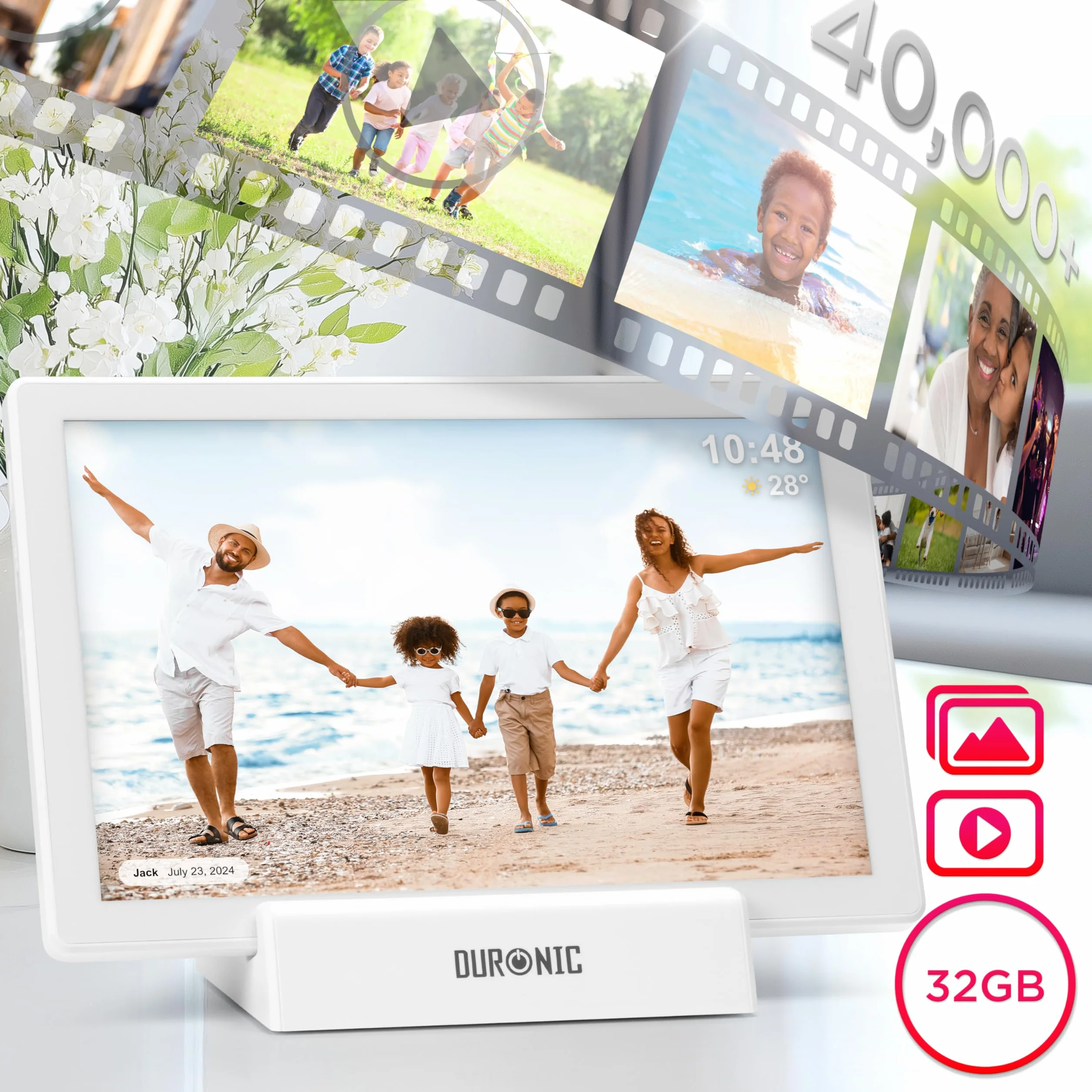 Duronic Frameo PF1D WE Ramka cyfrowa na zdjęcia Wi-Fi wbudowana pamięć 32 GB cyfrowa ramka na zdjęcia USB-C rozdzielczość 1280 x 800 Ekran dotykowy o przekątnej 10,1 cala