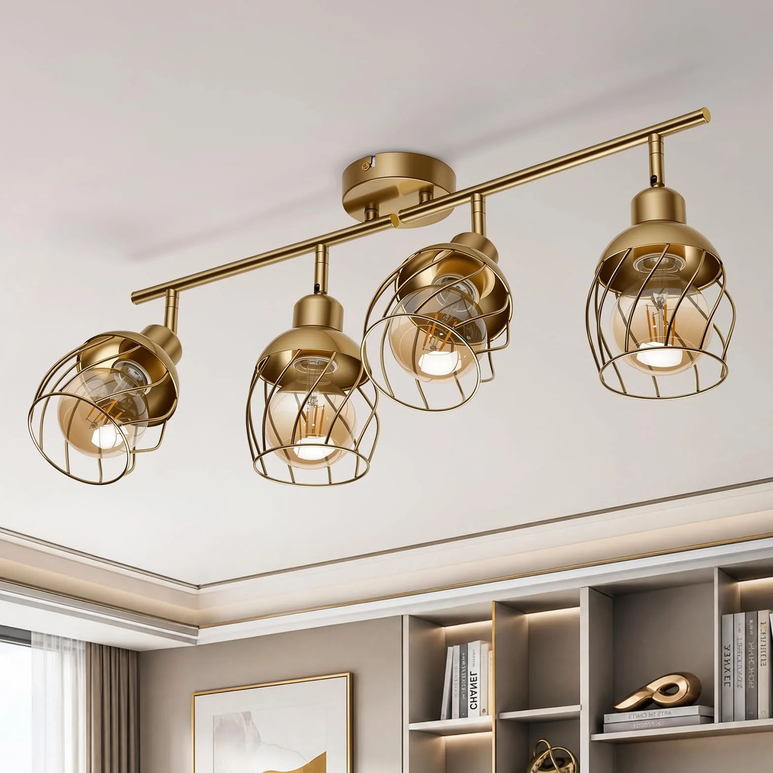 Bojim Oświetlenie wewnętrzne, żyrandol, kuchnia, lampa sufitowa, 4 obrotowe reflektory LED, złoty przemysłowy reflektor sufitowy, metal, jadalnia do sypialni, salonu, przedpokoju (bez żarówki)