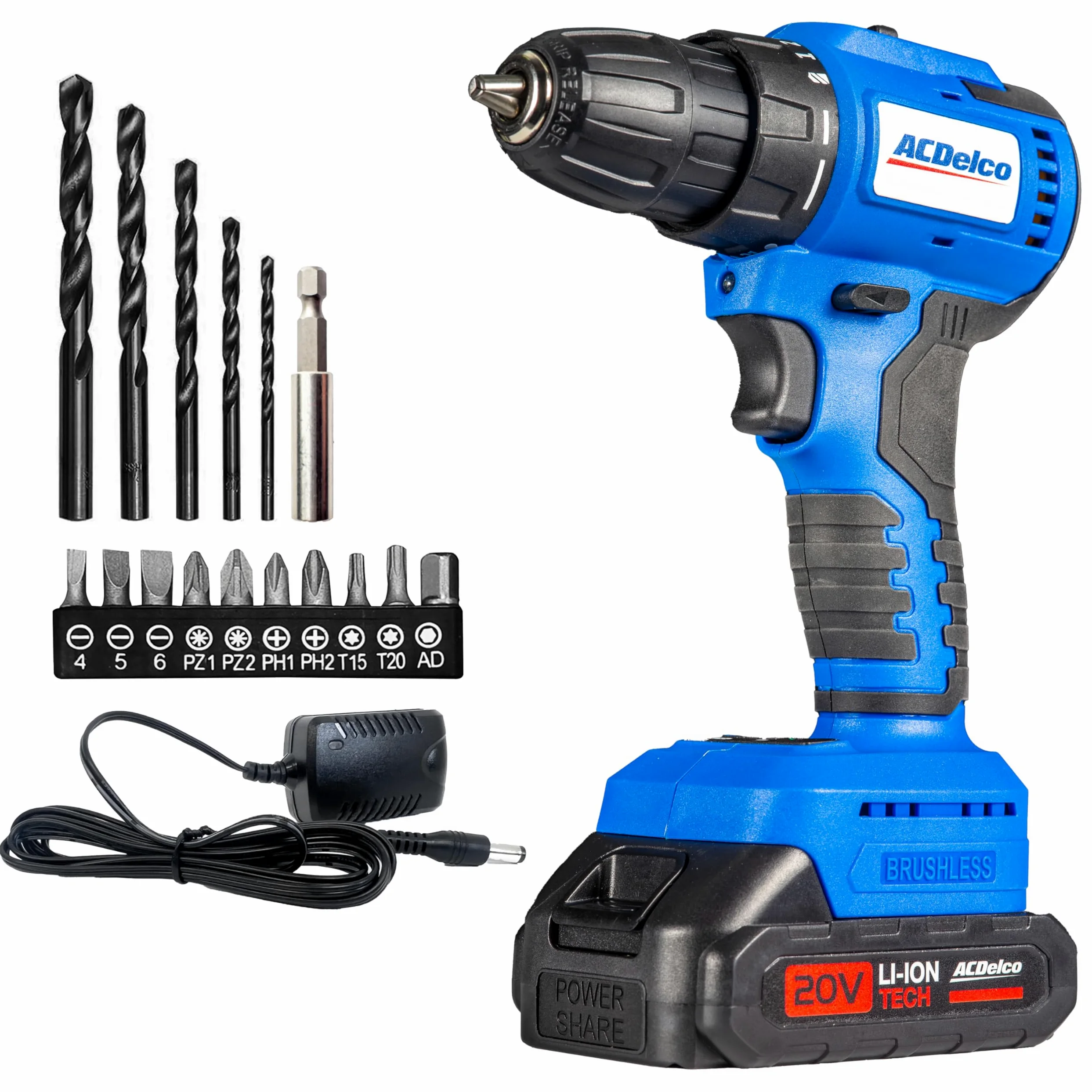 ACDelco Wiertarko-wkrętarka akumulatorowa 20 V, 20 V z akumulatorem 1500 mAh, 2-biegowa przekładnia, silnik bezszczotkowy 1300 obr./min, 32 Nm + 21 poziomów momentu obrotowego, światło LED,