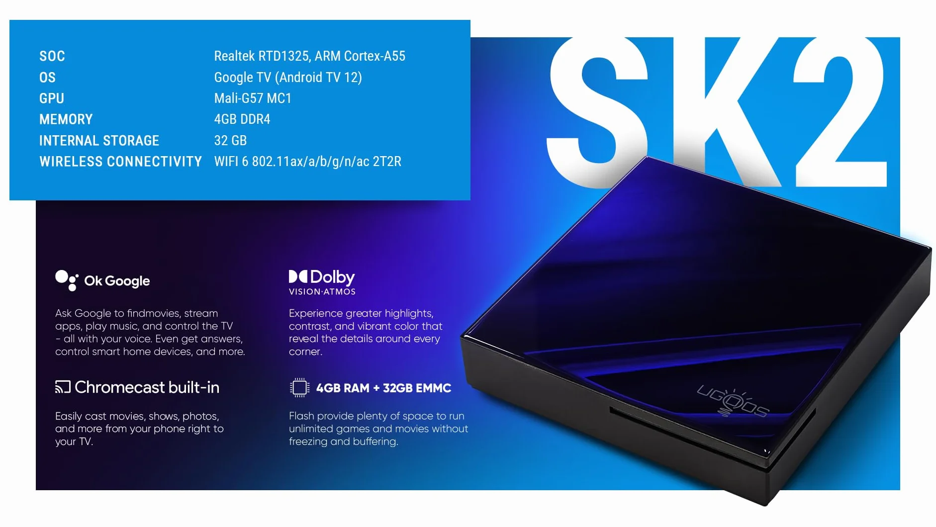 Ugoos SK2 TV Box Android 12.0 RTD1325 4GB RAM 32GB ROM WiFi6 Ethernet 100M USB 2.0 BT5.2 4K HDR