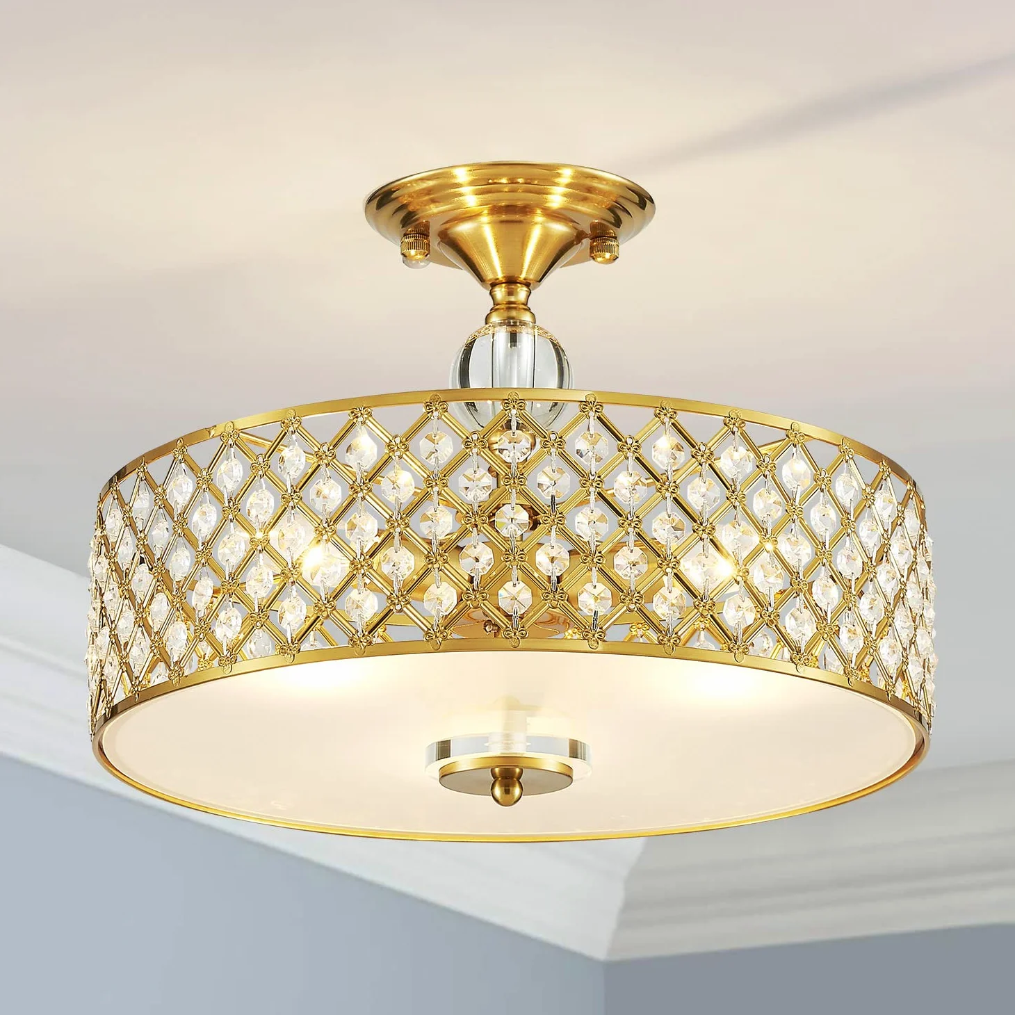 Saint Mossi kryształowa lampa sufitowa, nowoczesny design półspłukiwania, idealna do salonu, sypialni, jadalni, D 40 cm x wys. 28 cm, 3 światła, złota rama
