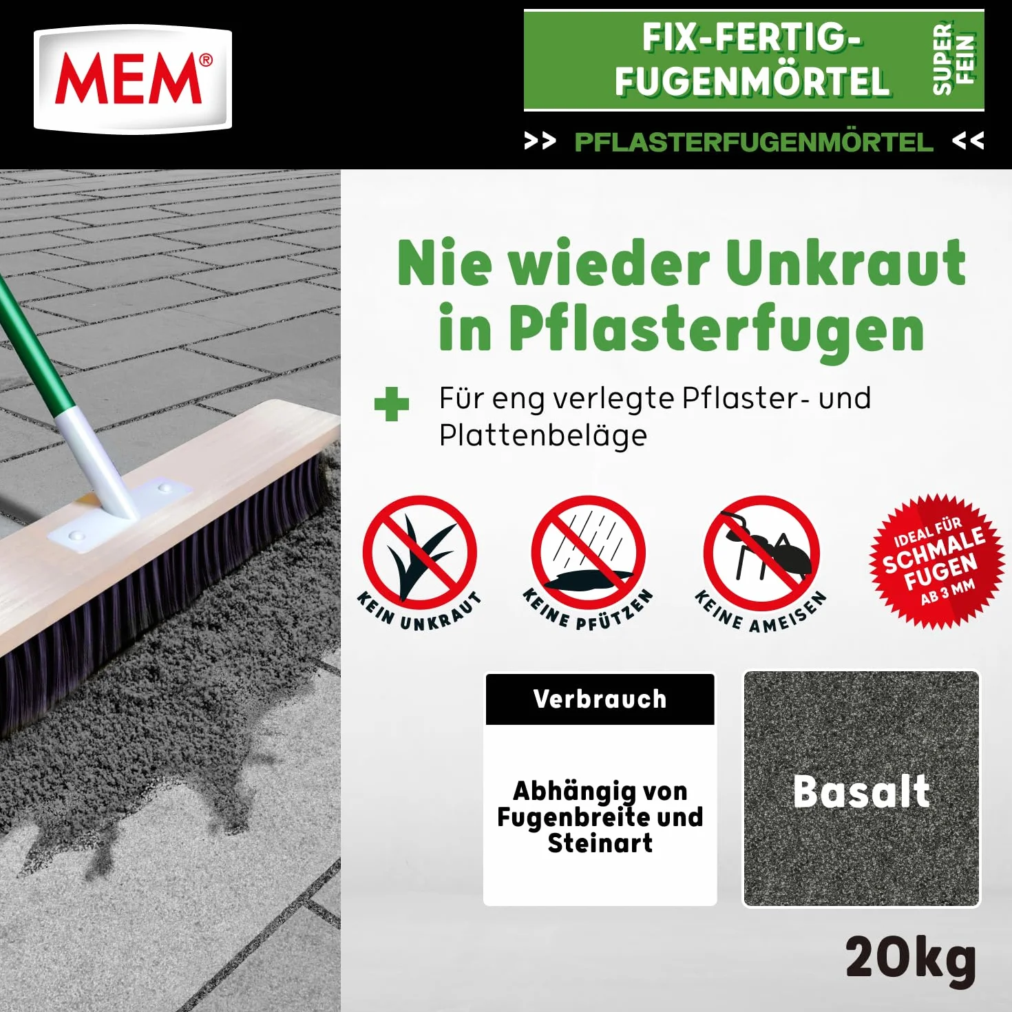 MEM Fix-Fertig, drobna zaprawa do fug – 20 kg – gotowa do użycia zaprawa do szczelnych fug od 3 mm – odporna na mróz i warunki atmosferyczne – do kamienia naturalnego, betonu, klinkieru i ceramiki