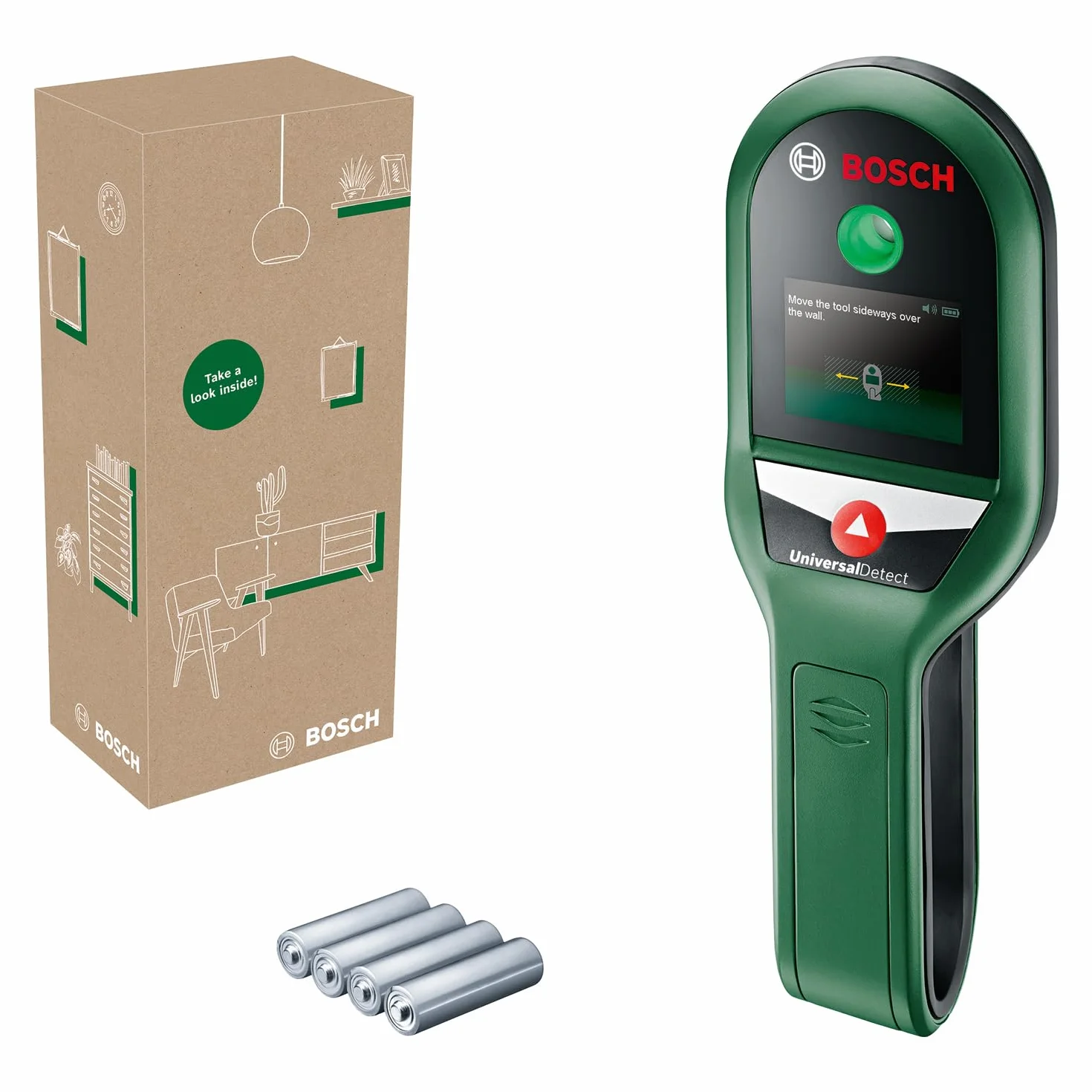 Bosch Detektor UniversalDetect (ułatwiający obsługę przewodnik instrukcjami „krok po kroku”, detektor konstrukcji drewnianych i przewodów, opakowanie kartonowe E-Commerce)