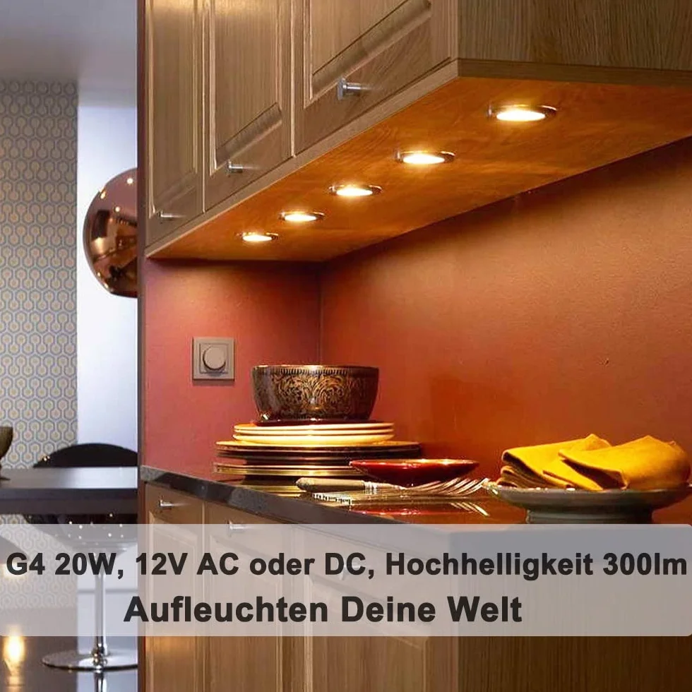 Vinaco Żarówki G4 Ściemniane, 5-Pak Halogenowych 20 W, Długa Żywotność, 12 V Kapsułkowe, Ciepła Biel 2800 K, Do Lamp Sufitowych i Stołowych