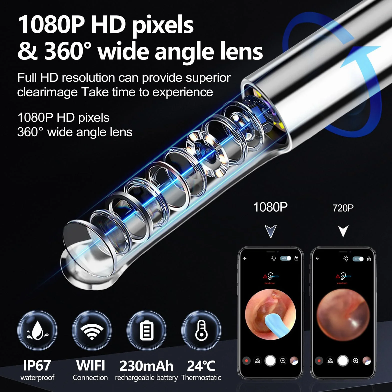 Otoskop ucha, Wohlmen Iscope Pro Max Ucho, 1920P HD Zestaw do aparatu do usuwania woskowiny z 6 diodami LED, odpowiedni dla iPhone'a, IPada i Android