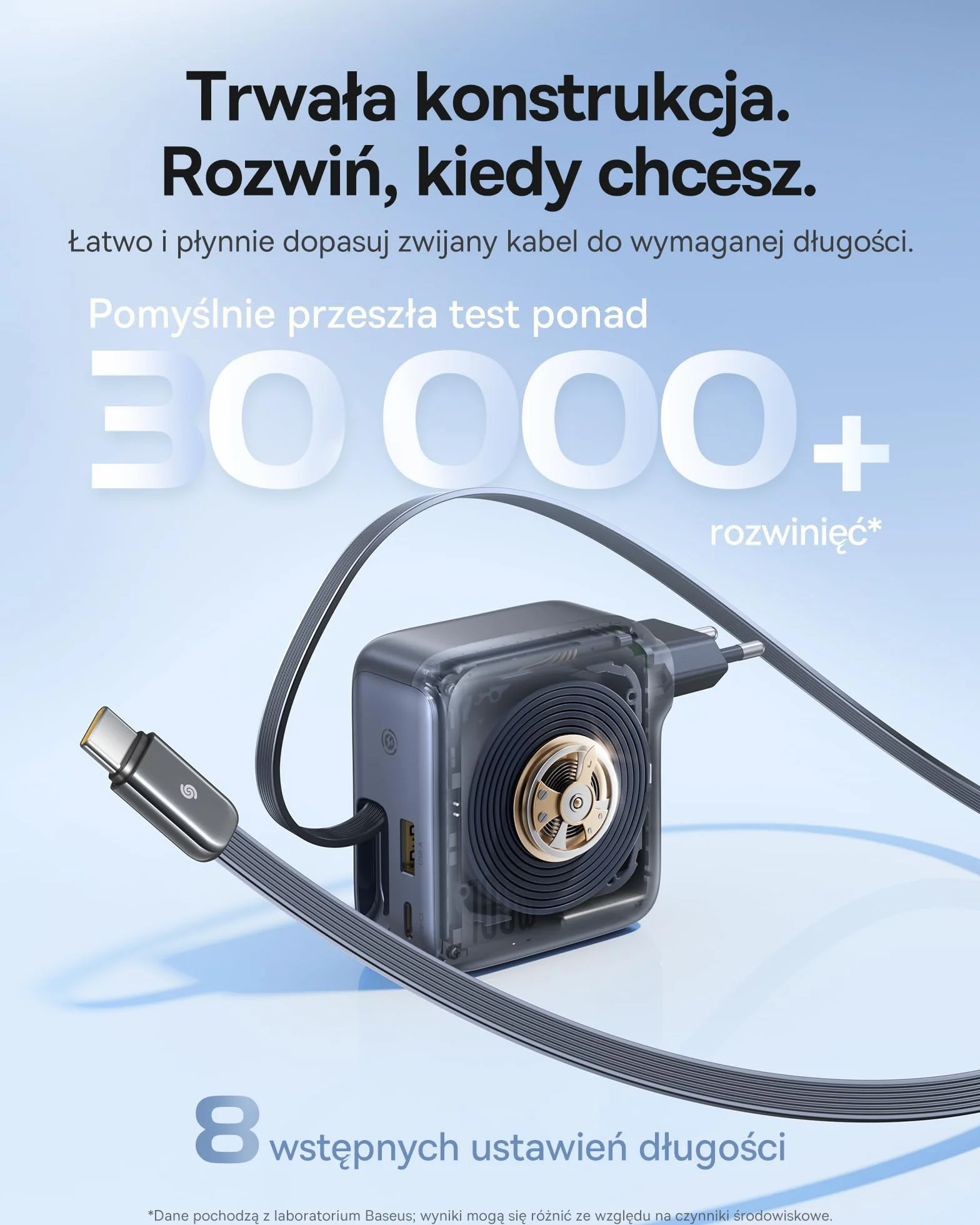 Baseus Enercore Ładowarka USB C 100 W z przedłużanym kablem, 3 porty GaN, szybka ładowarka PD, kompatybilna z MacBook Pro Air, Dell, HP, iPad, iPhone 17/16/15/14/13Pro Max Galaxy S25/24Ultra