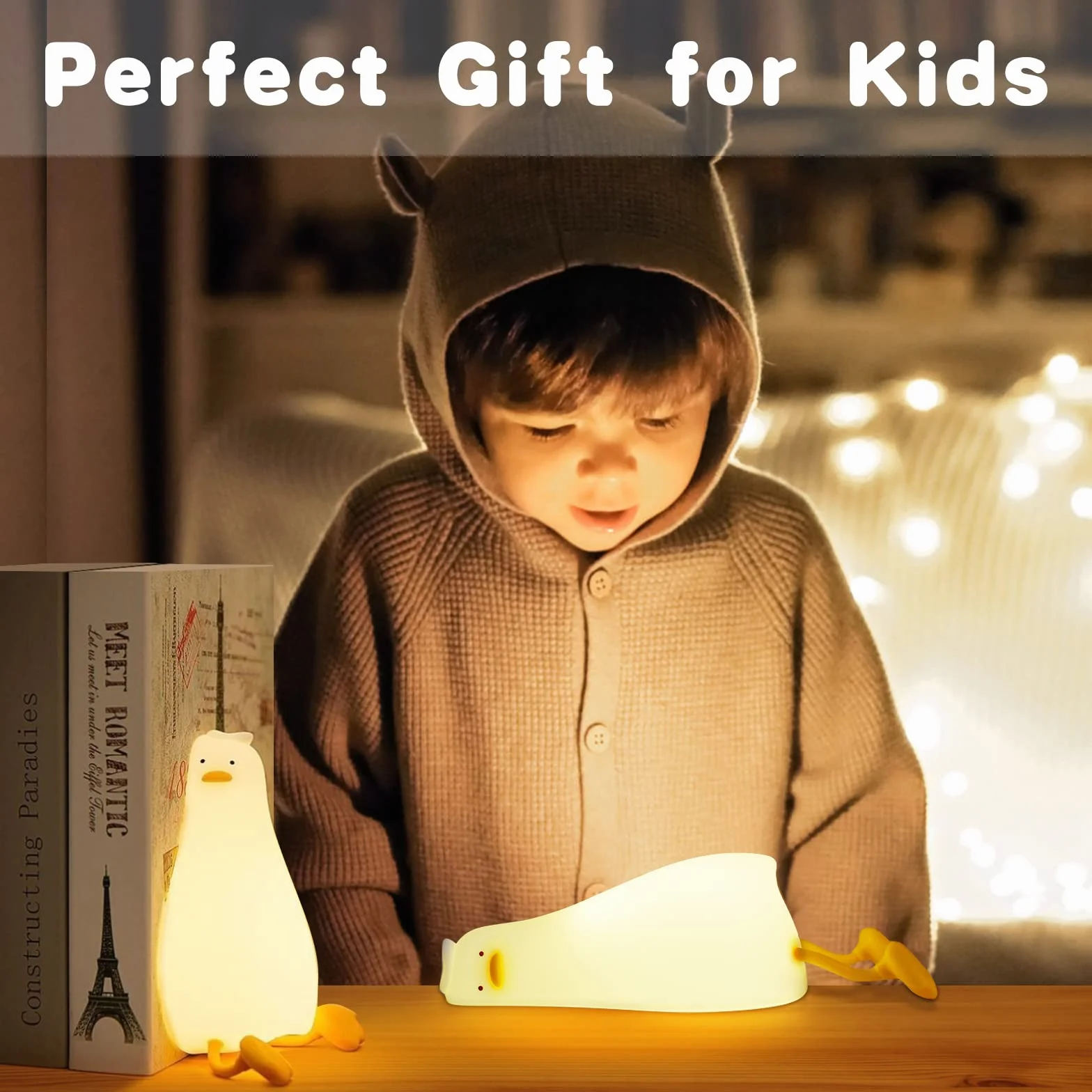 URAQT Lampka Nocna dla Dzieci, Silikonowa Lampka Nocna z Czujnikiem Dotyku, Śliczna Kaczka Lampki do Pokoju dla Dzieci z Funkcją 30 Minutowego Timera, USB do Ładowania na Prezent Chrztu Dziecka