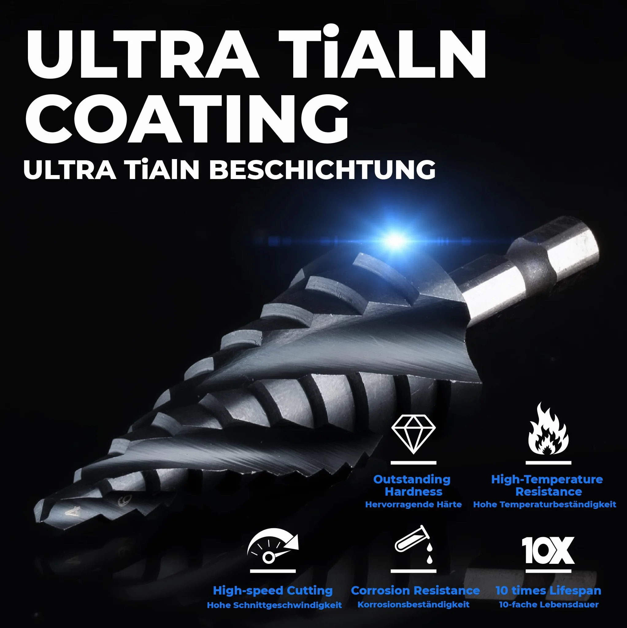 toolant® Kobalt HSS wiertło stopniowe [trzon 6,35mm] - Ø 4-22mm Cztery spiralne rowki wiertło stopniowe, do metalu, stali nierdzewnej, tworzywa sztucznego, drewna - 10 stopni wiertło stożkowe