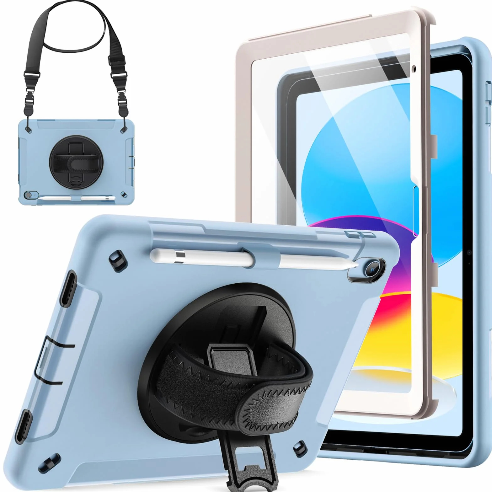 JETech Etui dla iPad (A16) 11./10. Generacja (2025/2022) z Wbudowanym Ochrona Ekranu, Odporny na Wstrząsy Wytrzymała Case, Obrotową Podpórką 360 Stopni z Paskiem na Rękę (Niebieski)