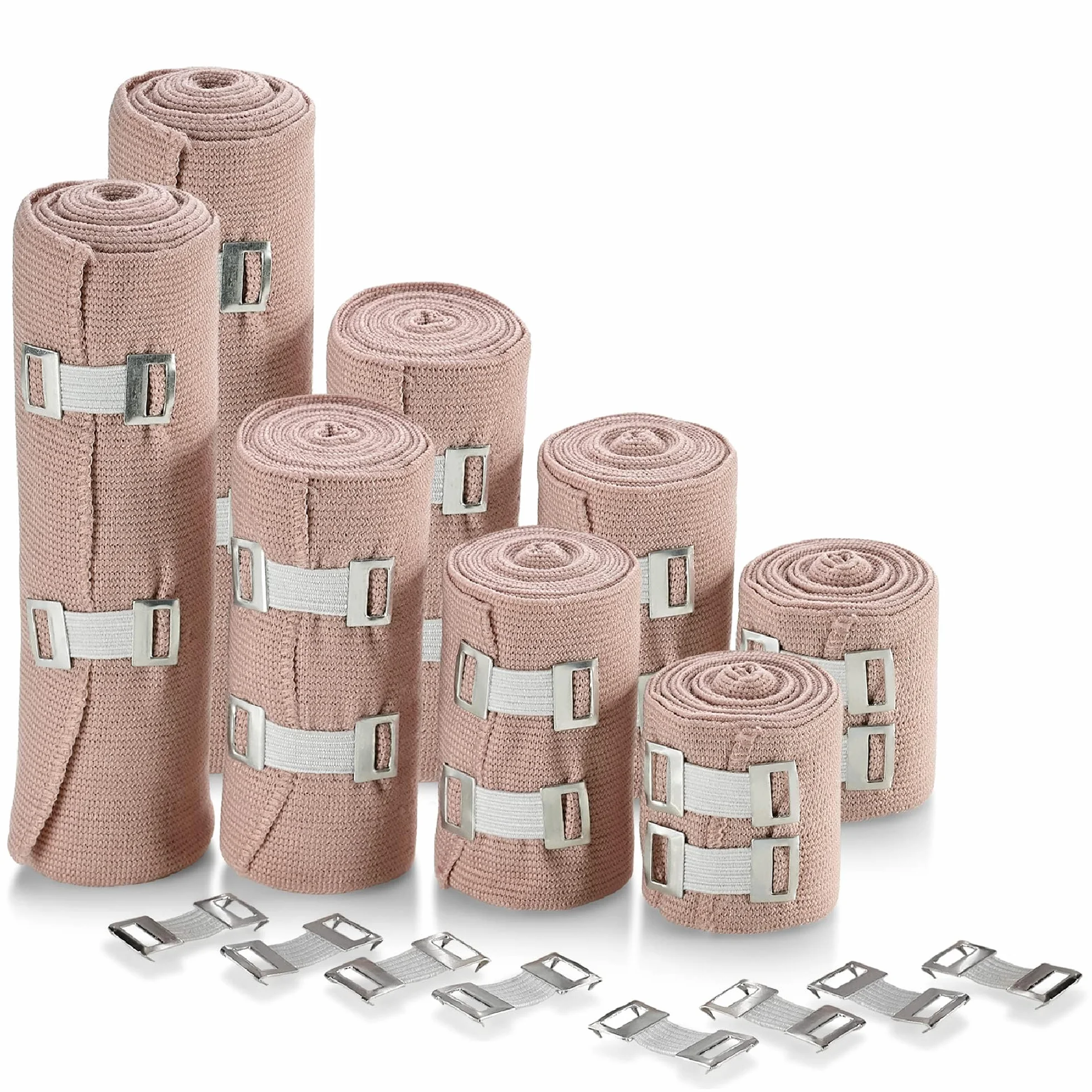 MEDca Elastic Compression Bandage Wrap - First Bandages Roll Measures 2", 3", 4", 6" x 5 Ft z 4 dodatkowymi haczykami - Athletic Sports Stretch Wraps for Ankle, Wrist, Arm & Leg Sprains (Pack of 8)