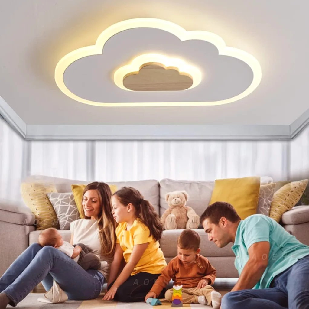 AOEH Lampa sufitowa LED, lampa do sypialni, do pokoju dziecięcego, lampa sufitowa dla dzieci, lampa sufitowa z motywem chmur, drewniana, bezstopniowe ciemnienie z pilotem, z funkcją nocnego