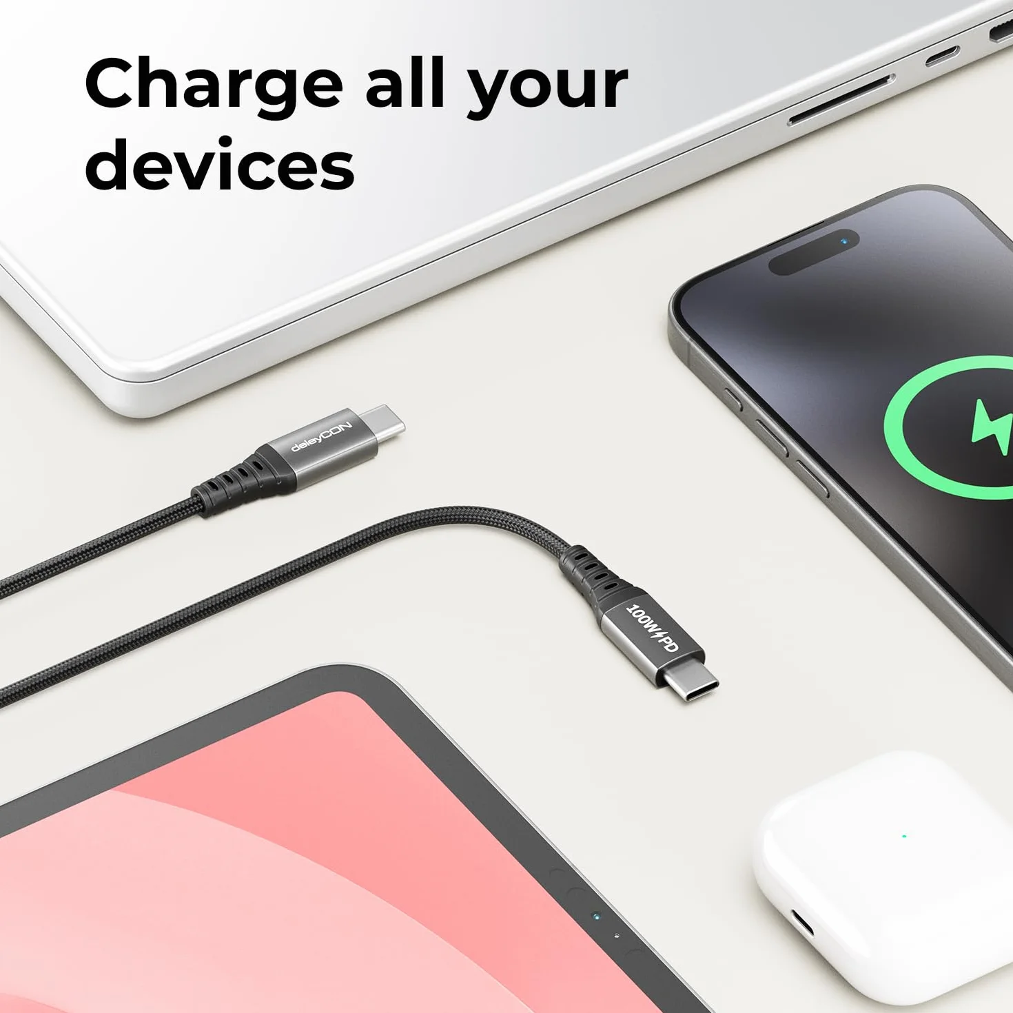 deleyCON 2m USB C Kabel 100W Szybkie Ładowanie PD 3.0 PPS USB-C na USB-C
