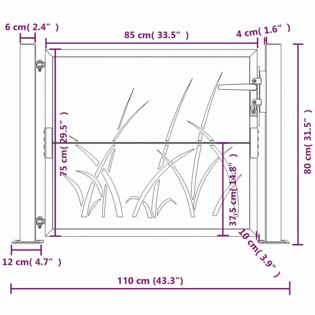 vidaXL Furtka ogrodowa, antracytowa, 100x75 cm, stal, motyw trawy