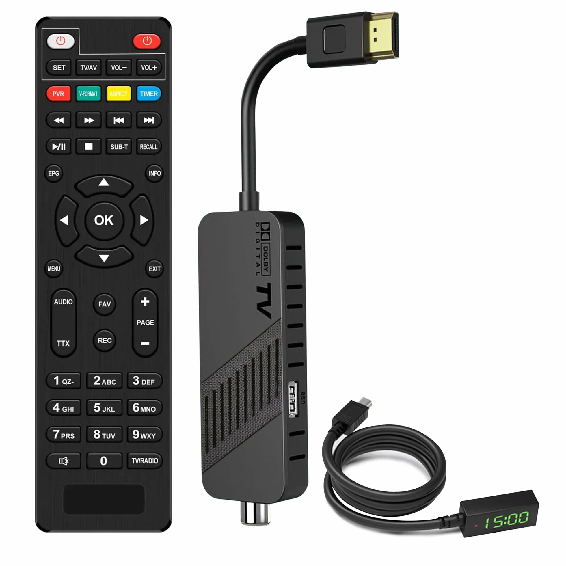 LEYF Dekoder TDT Full HD 1080P DVB T2, Tuner TDT, Ukryty za telewizorem, Wyświetlacz cyfrowy, HEVC H265 Main 10 bit, HDMI, USB, Pilot na podczerwień 2 w 1