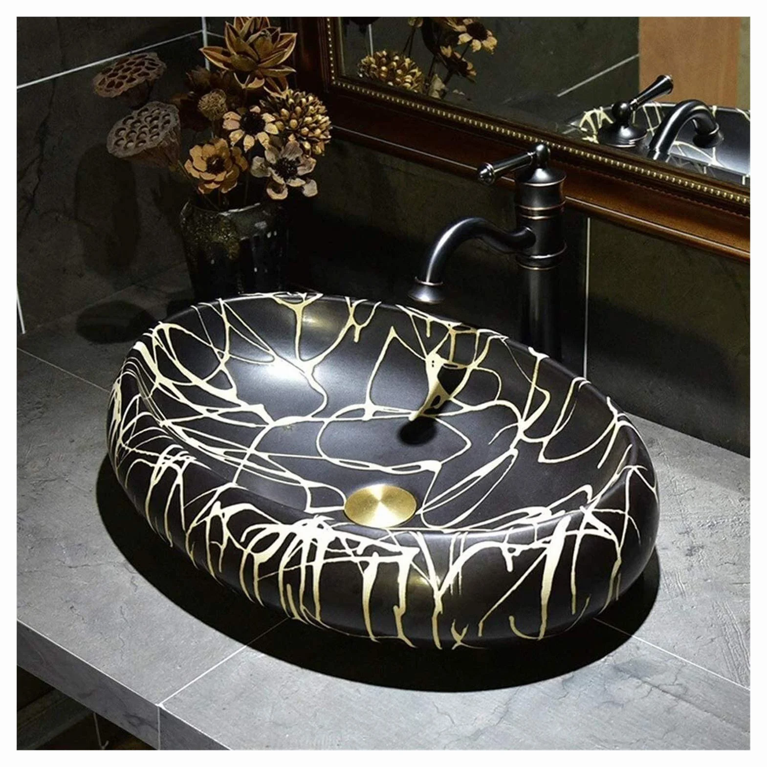 Szafka Pod Umywalkę Z Umywalką, Umywalka Nablatowa, Czarna Umywalka Nablatowa 21 X 14 Cali, Europejska, Zabytkowa, Owalna, Porcelanowa, Ceramiczna Umywalka Nablatowa