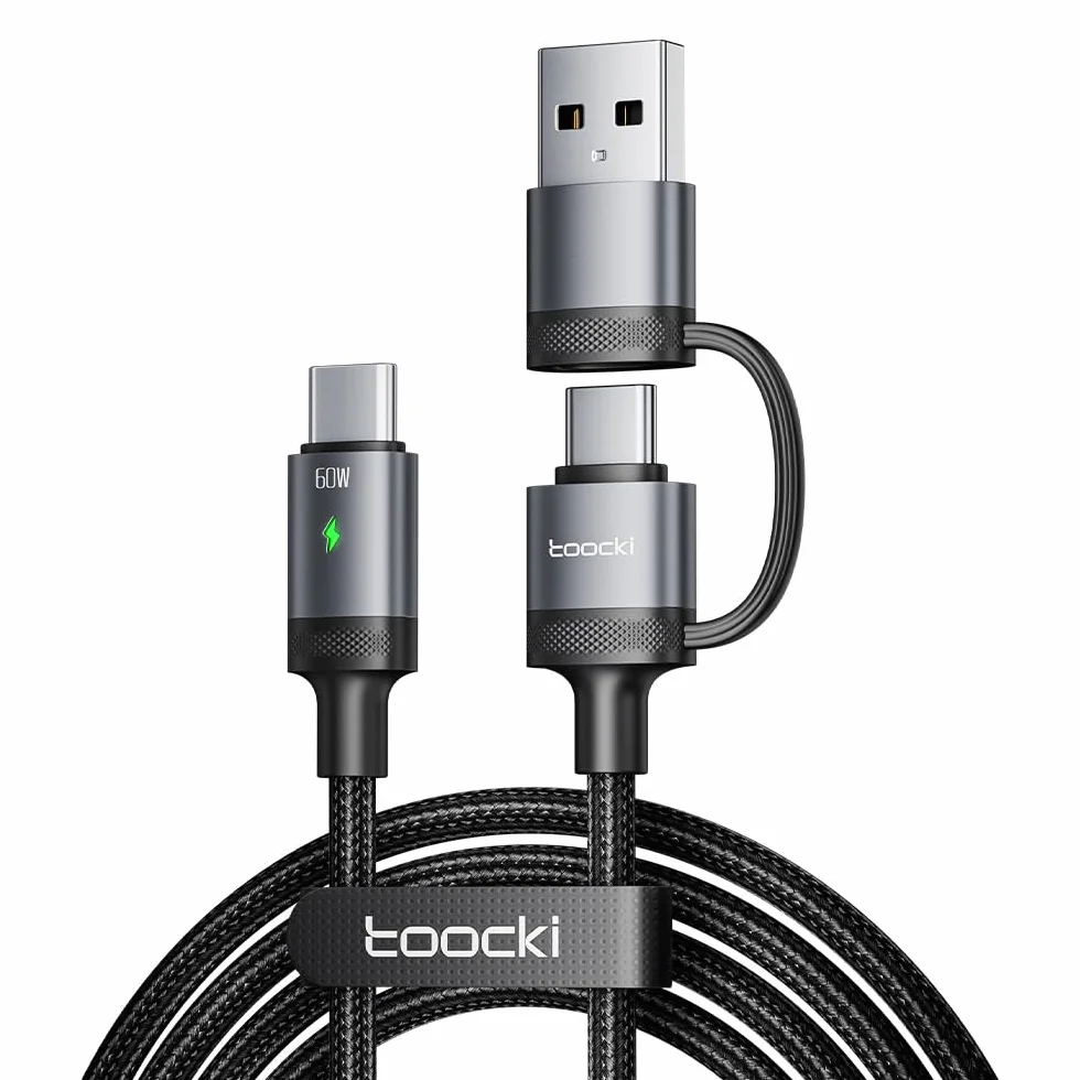 Toocki Kabel USB C do USB C 2 w 1 60W Szybkie Ładowanie PD Kabel z Adapterem USB A 1.2m Pleciony Nylon Przewód do Transmisji Danych Kompatybilny z iPhone 16/17, MacBook, iPad, Galaxy, Xiaomi, Szary
