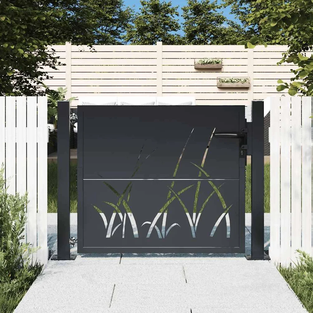 vidaXL Furtka ogrodowa, antracytowa, 100x75 cm, stal, motyw trawy