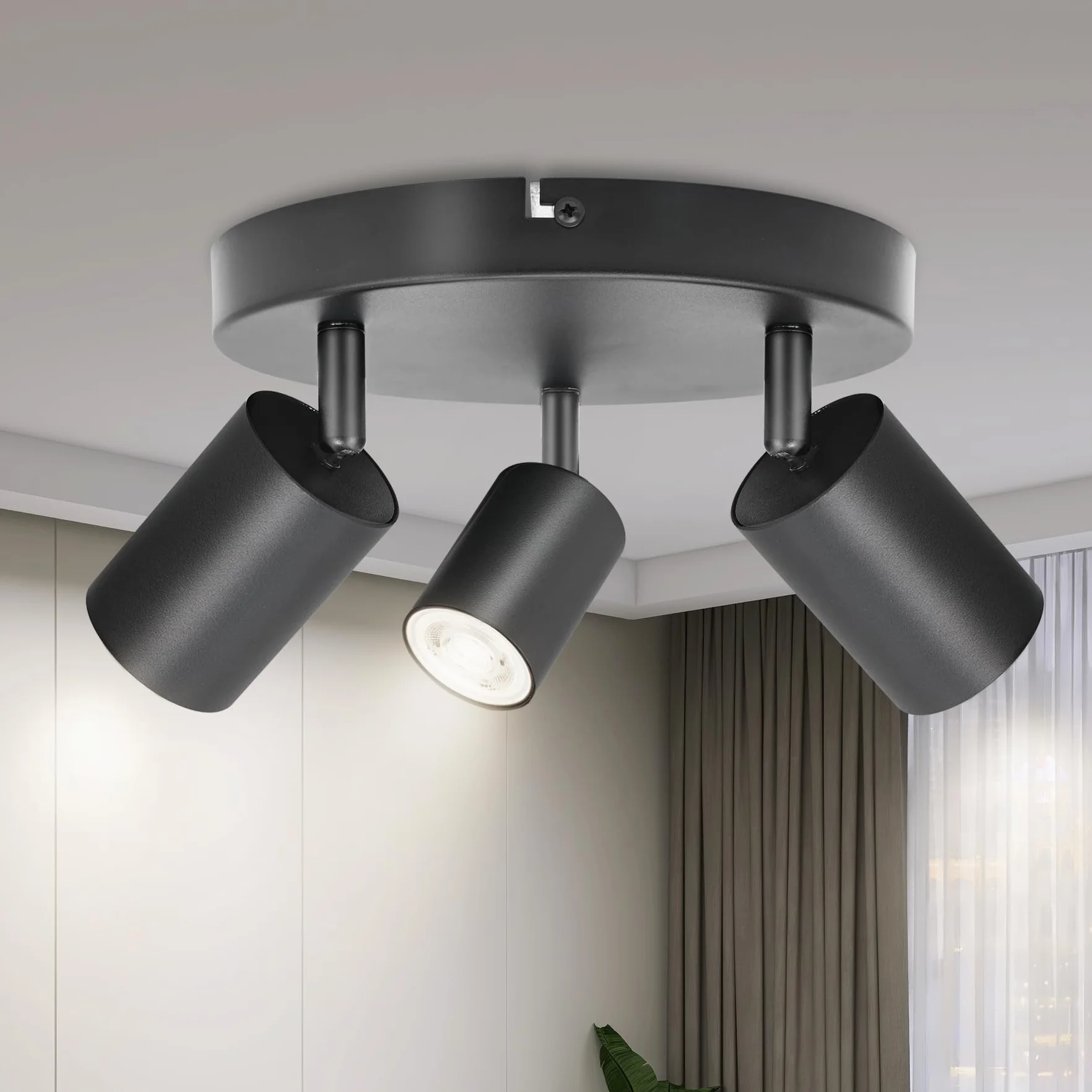 Lampa sufitowa LED z 3 punktami, okrągłe, obrotowe reflektory sufitowe, GU10, nowoczesne oświetlenie sufitowe, oprawy wewnętrzne do kuchni, salonu, czarne, dostawa bez żarówek