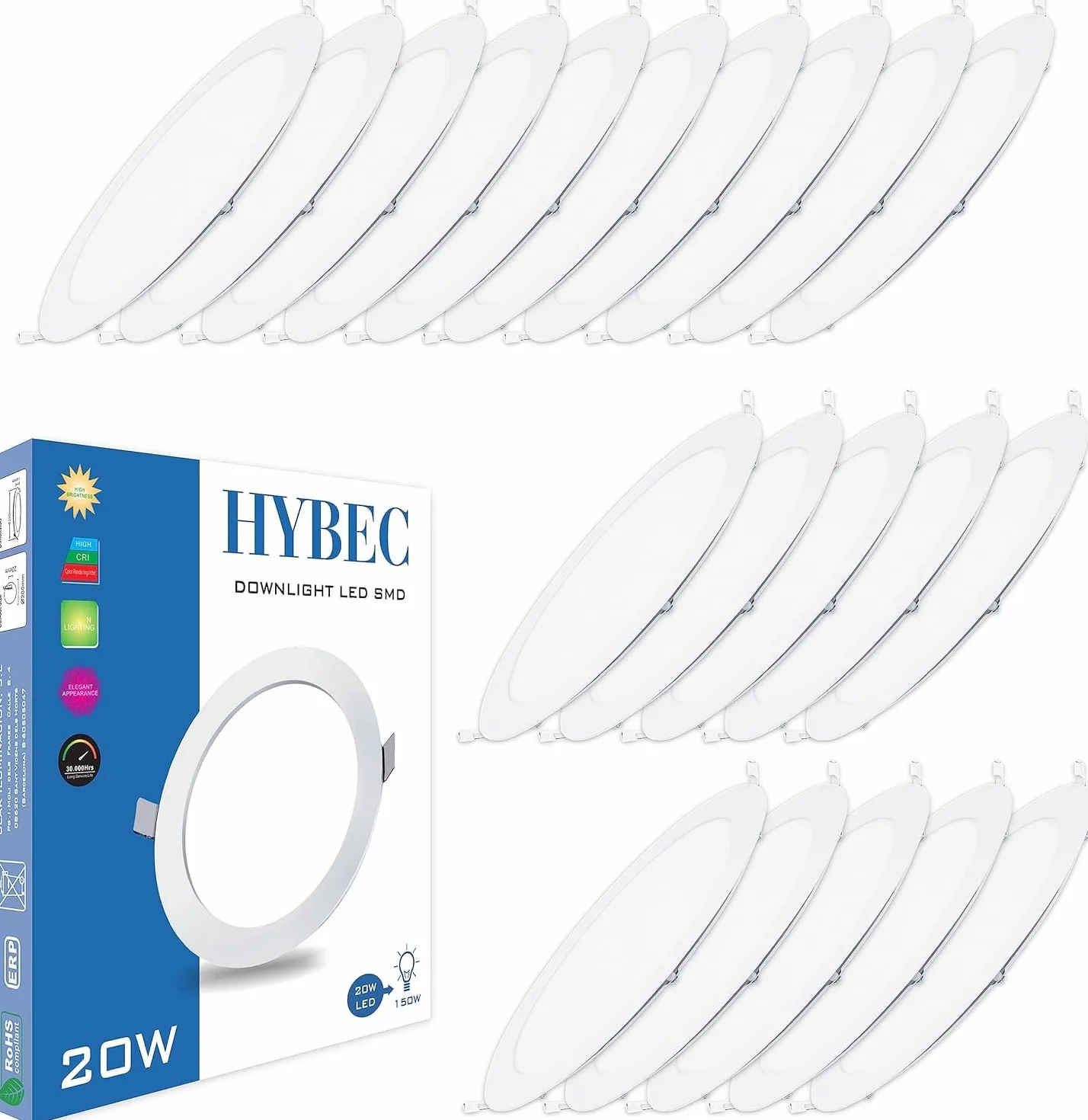 Oprawa sufitowa LED Downlight, Downlight LED 20W, reflektor LED kryty sufit, sterownik w zestawie, ciepłe światło 3000ºK* (20 sztuk)