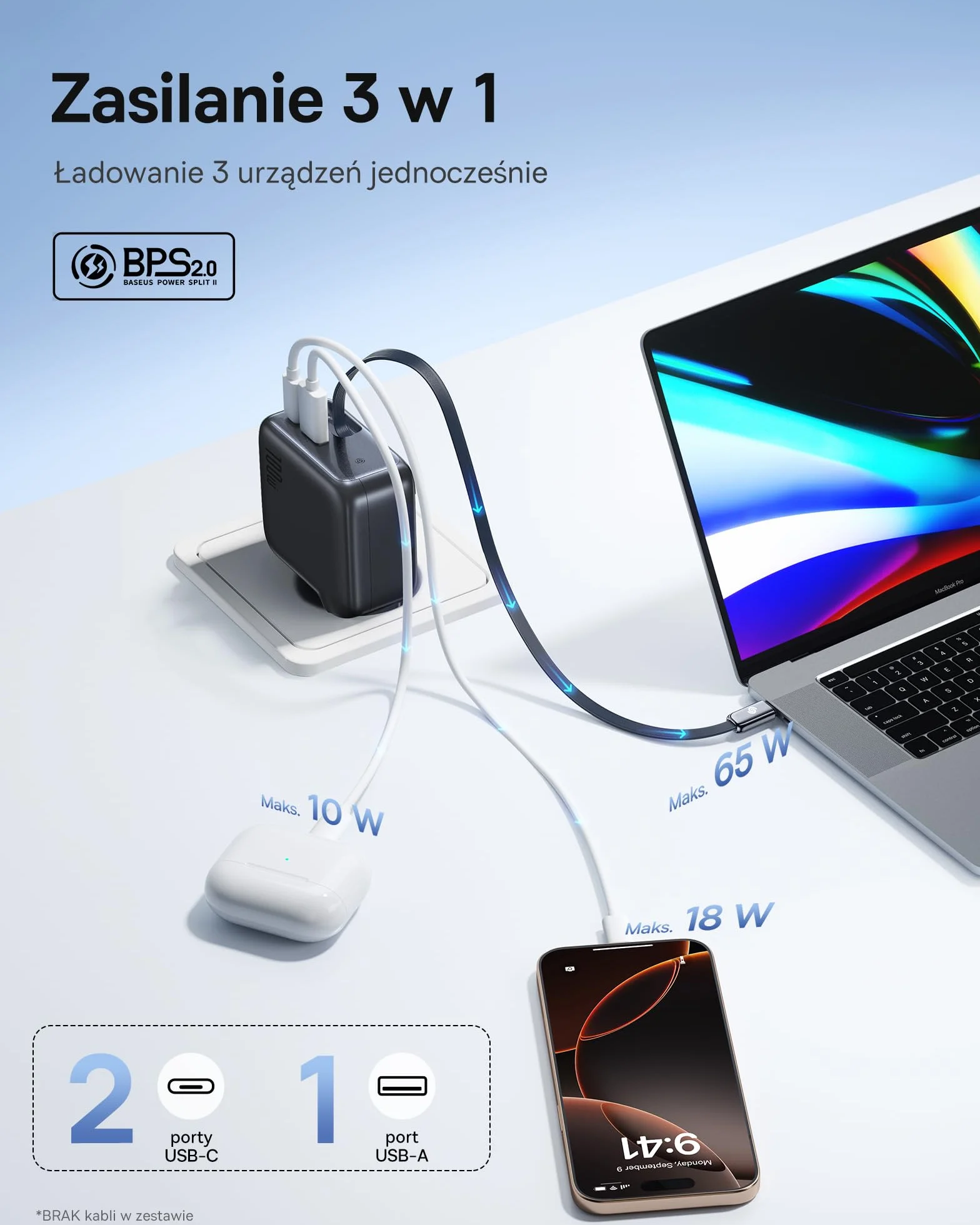 Baseus Enercore Ładowarka USB C 100 W z przedłużanym kablem, 3 porty GaN, szybka ładowarka PD, kompatybilna z MacBook Pro Air, Dell, HP, iPad, iPhone 17/16/15/14/13Pro Max Galaxy S25/24Ultra