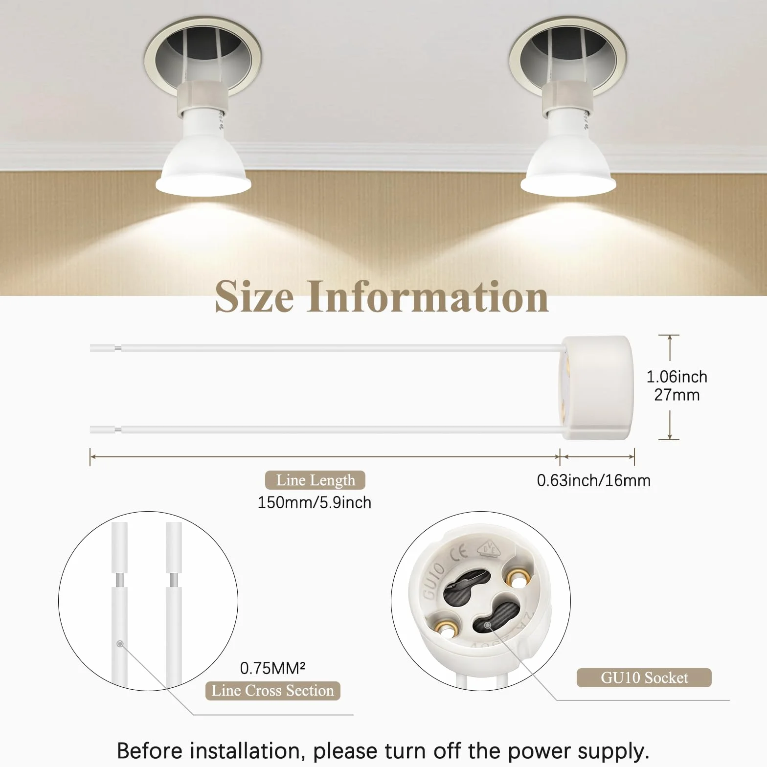 DiCUNO GU10 uchwyt lampy 0,75 mm² drut silikonowy złącze GU10 ceramiczna podstawa do LED i halogenów, 250 V, maks. 300 W, 10 sztuk