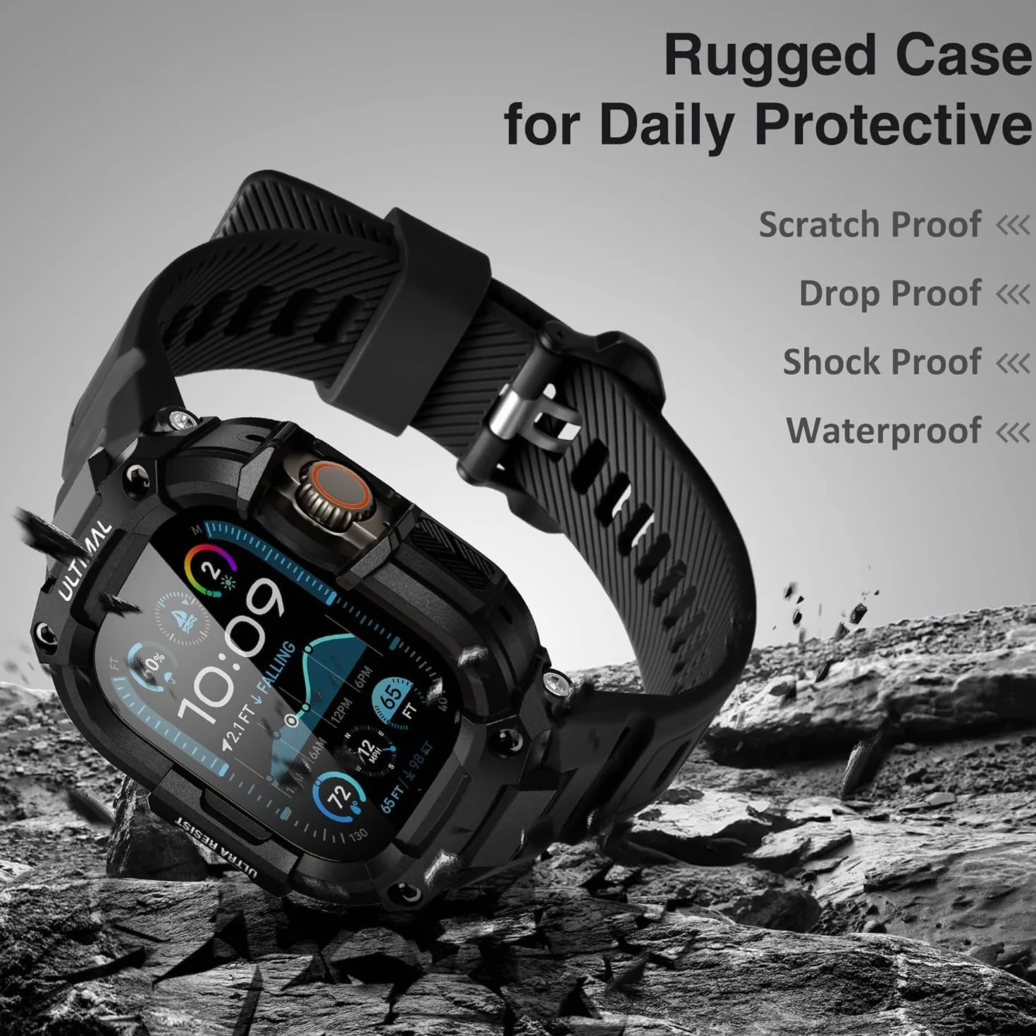 ULTIMAL Pasek kompatybilny z Apple Watch Ultra, 49 mm, z etui typu bumper, regulowany, odporny na uderzenia, wytrzymały silikonowy pasek z tworzywa TPU, do iWatch Series Ultra/Ultra 2, czarny