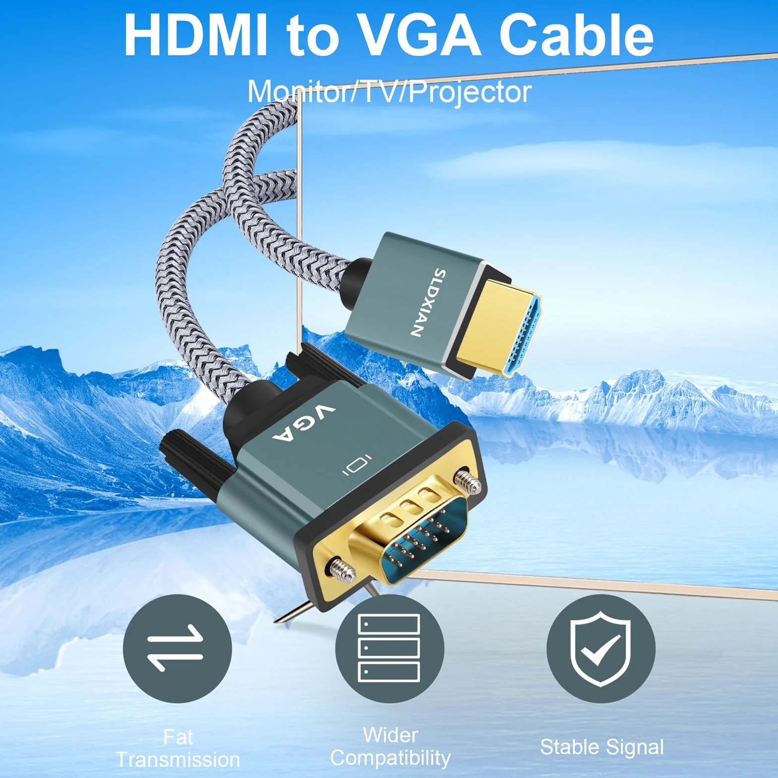 Przewód HDMI-VGA 1080P pozłacany aluminiowy pleciony konwerter