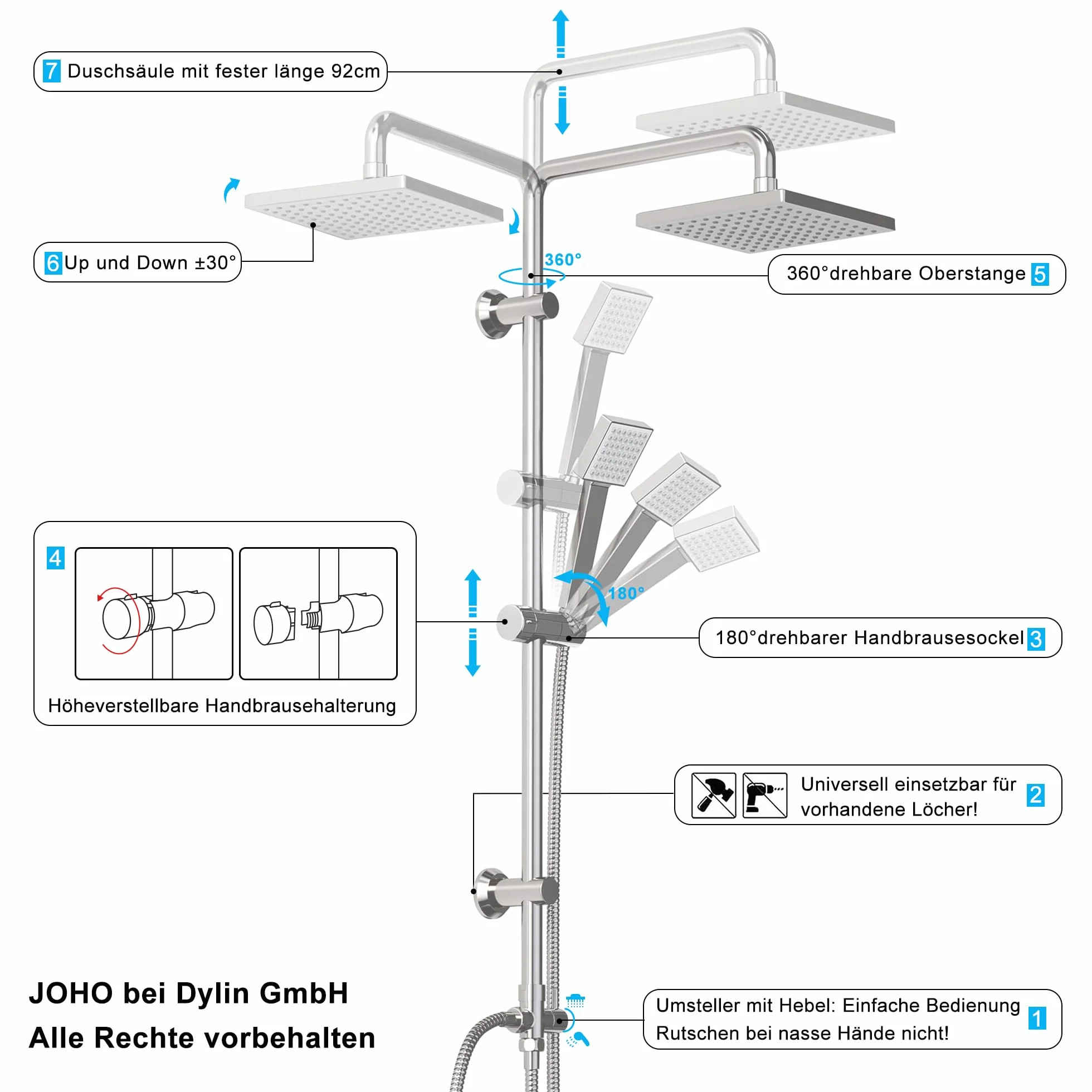 JOHO System prysznicowy ze stali nierdzewnej, zestaw prysznicowy z deszczownicą ABS 20 x 20 cm