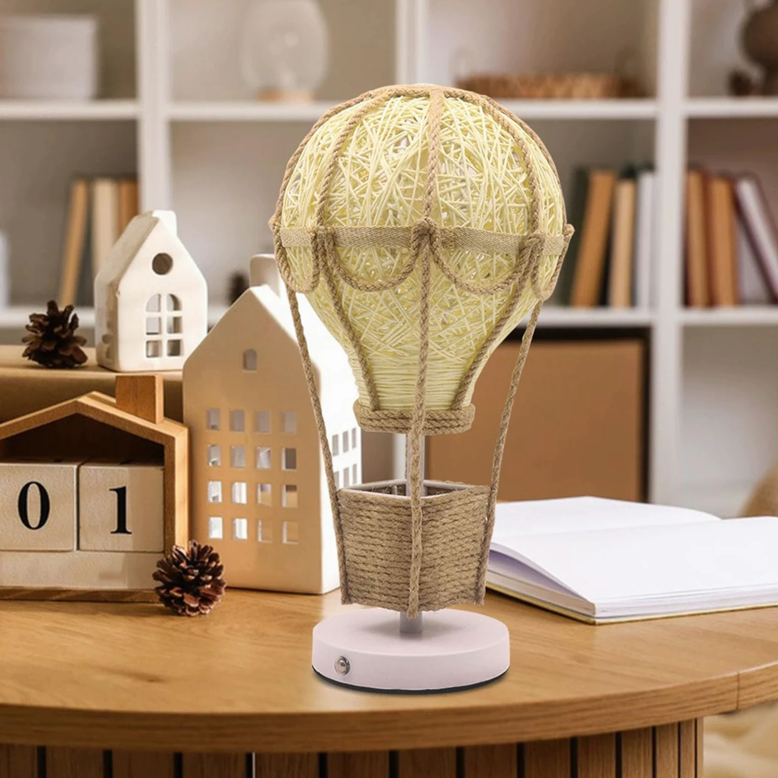 Lampa Kształcie Balonu Ogrzane Powietrze Ręcznie Robiona Imitacji Lnu Dekoracyjna Ciepła Lampa Pokoju Dziecięcego Sypialni Przenośna Lampka Nocna Kształcie Plecionego Kosza Wyjątkowa Serce Lampa Domu
