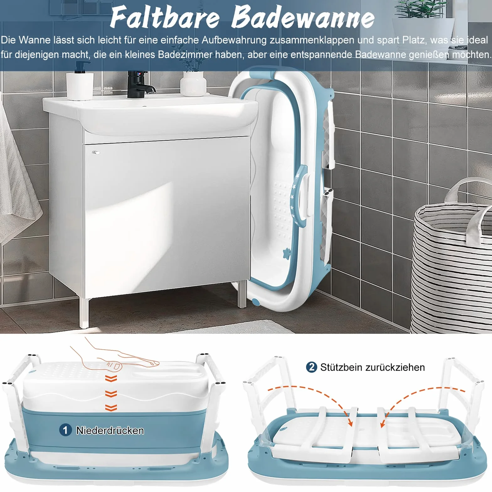 LZQ Składana wanna dla dorosłych, mobilna wanna ze zdejmowaną pokrywą, podłokietnik, kosz na mydło PP + TPE, składana wanna do łazienki, SPA, 118 x 62 x 53 cm, niebieska