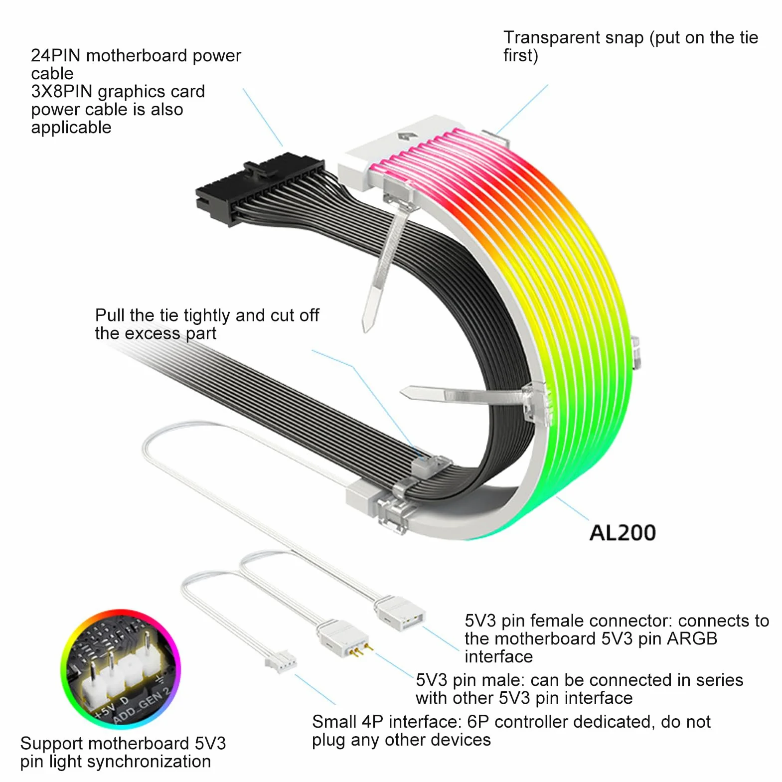 Kable Zasilacza RGB, 5V 3-pinowy Kabel Zasilający Płyty Głównej ARGB, Przedłużacz Zasilania RGB Zsynchronizowany Kabel Zasilacza do Złącza Płyty Głównej, Niestandardowa Biała