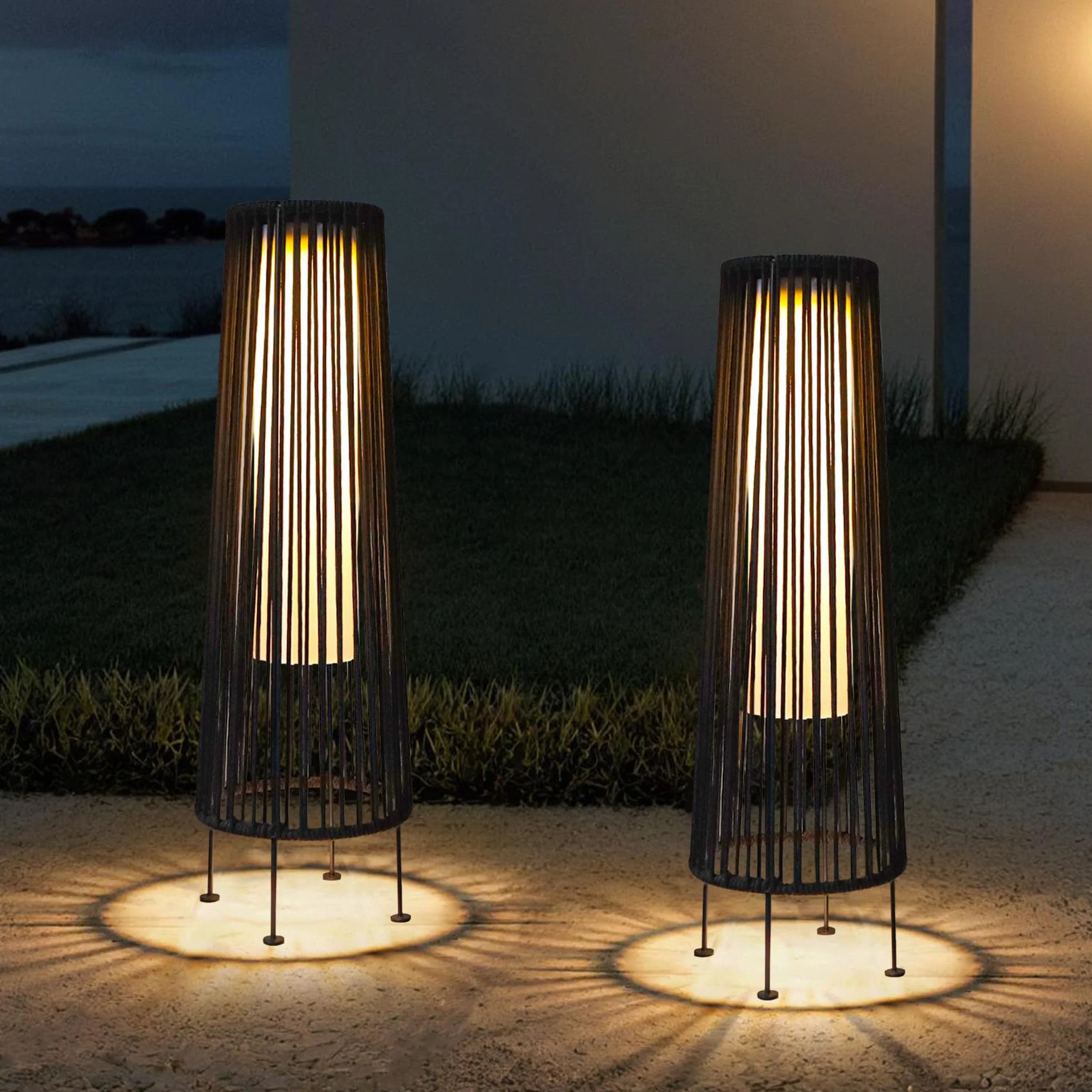 TRIROCKS Lampa solarna do użytku na zewnątrz, wiklinowa, wodoodporna, do ogrodu, ogrodu, trawnika, jasnobrązowa, 2 szt