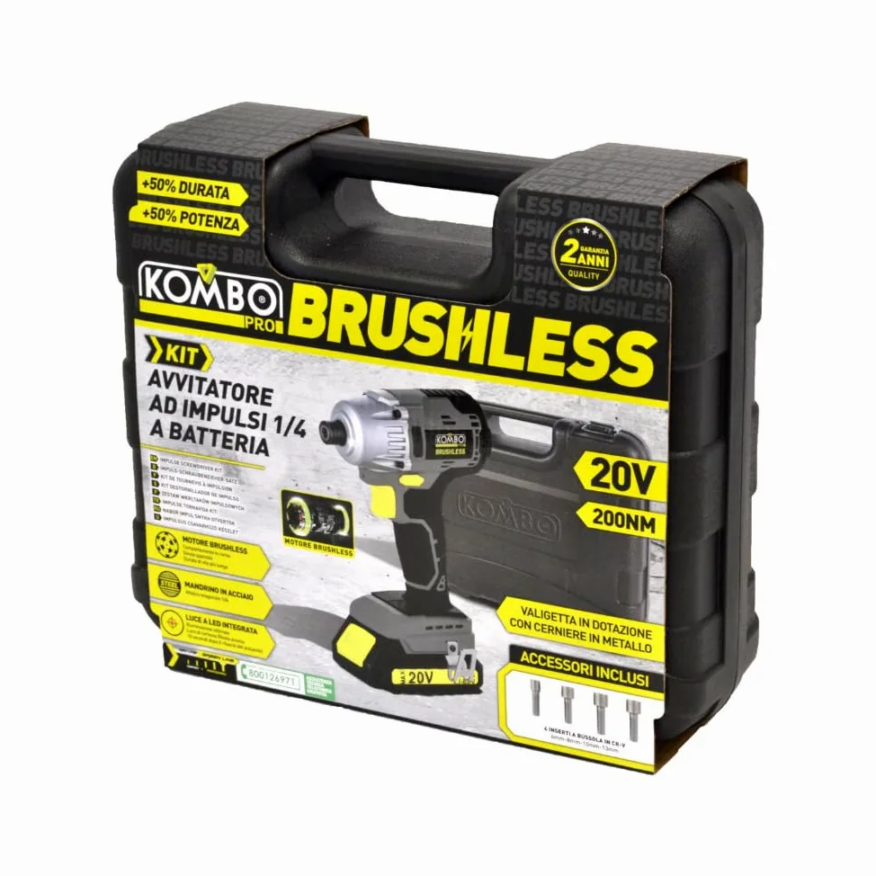 KOMBO PRO Zestaw wkrętarek udarowych BRUSHLESS 1/4" 20 V - 200 Nm, 2500 obr./min, bateria 2,0 Ah, szybka ładowarka, 4 kompasy w twardej walizce do precyzyjnych zastosowań i profesjonalnej pracy
