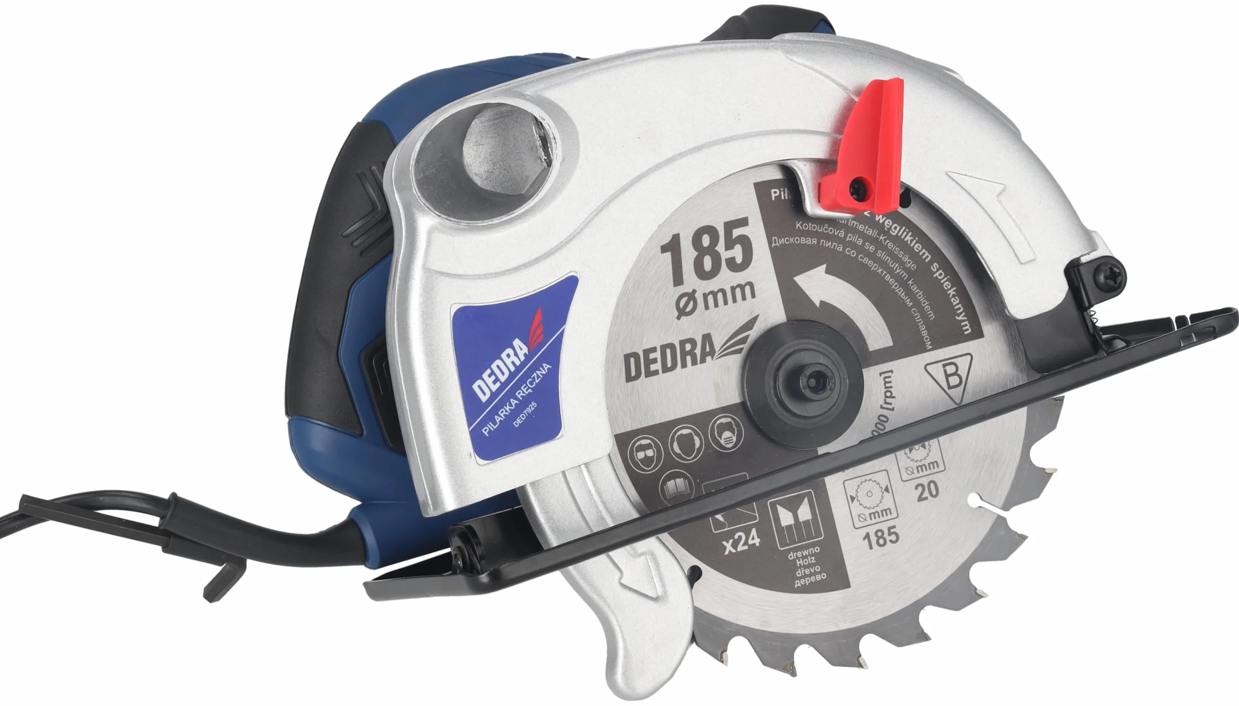 Ręczna piła tarczowa DEDRA mocna 1500 W, brzeszczot do piły tarczowej Ø 185 mm, maks. głębokość cięcia 66 mm, ergonomiczna lekka waga 4,4 kg, softgrip, do drewna i wielu innych