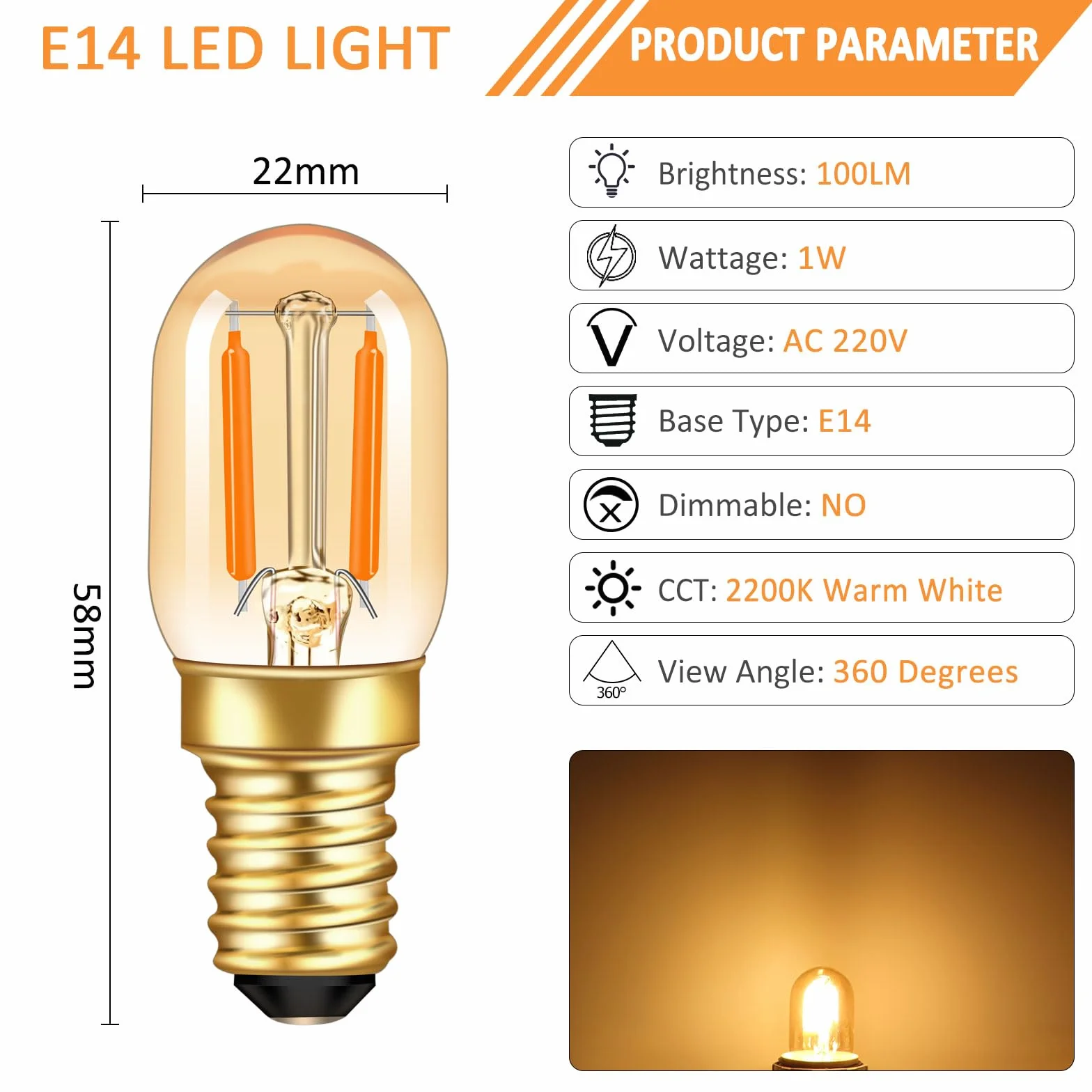 E14 żarówka LED 1 W, bursztynowe szkło E14 vintage filament, małe żarówki śrubowe, ultra ciepła biel, 2200 K, 100 lm, mini T22, rurowa lampka nocna do lodówki, odpowiednik 10 W, bez ściemniania, 6