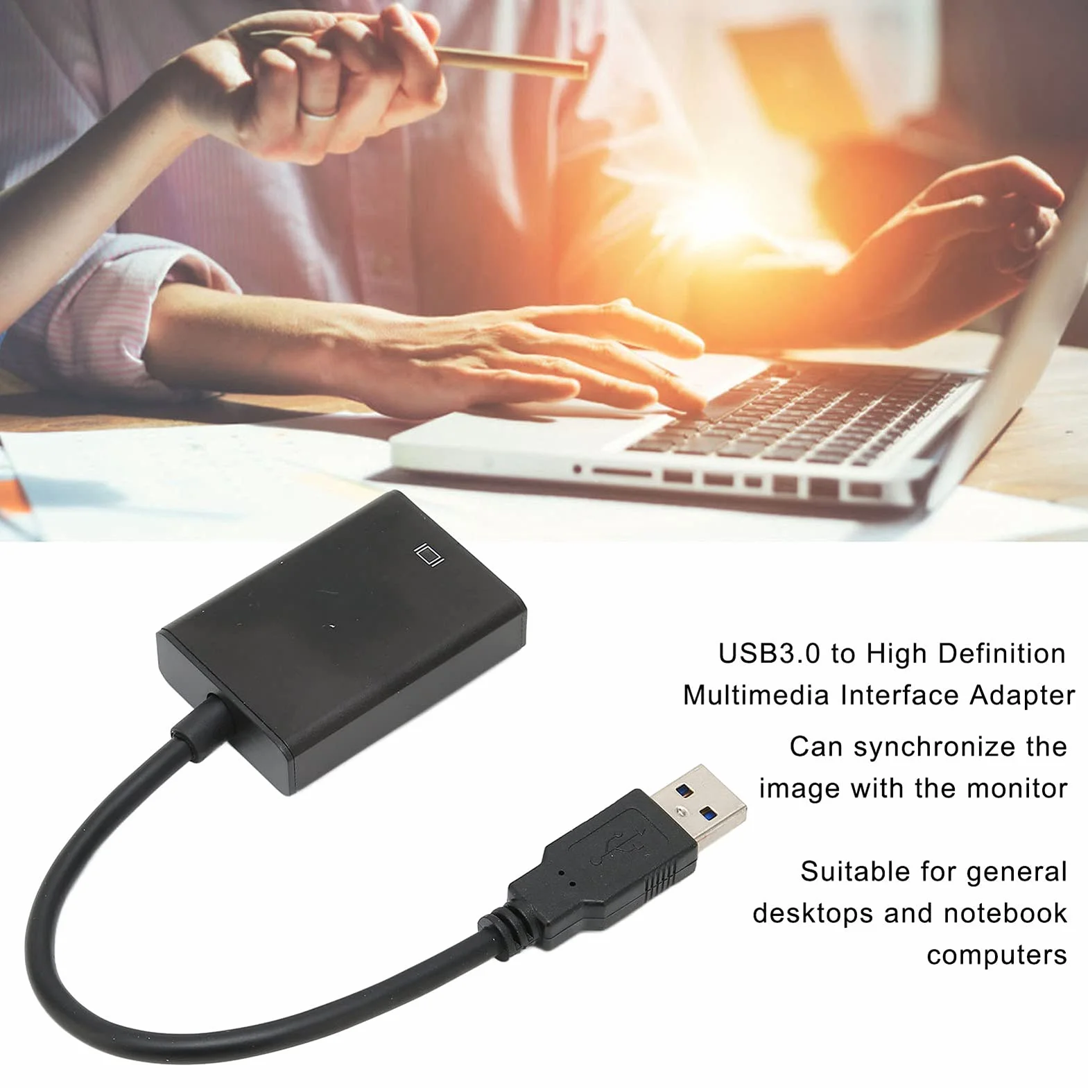 Adapter USB3.0 na HDMI, Interfejs Multimedialny USB3.0 na Wysokiej Rozdzielczości Męski na żeński do Uniwersalnych Komputerów Stacjonarnych i Notebooków