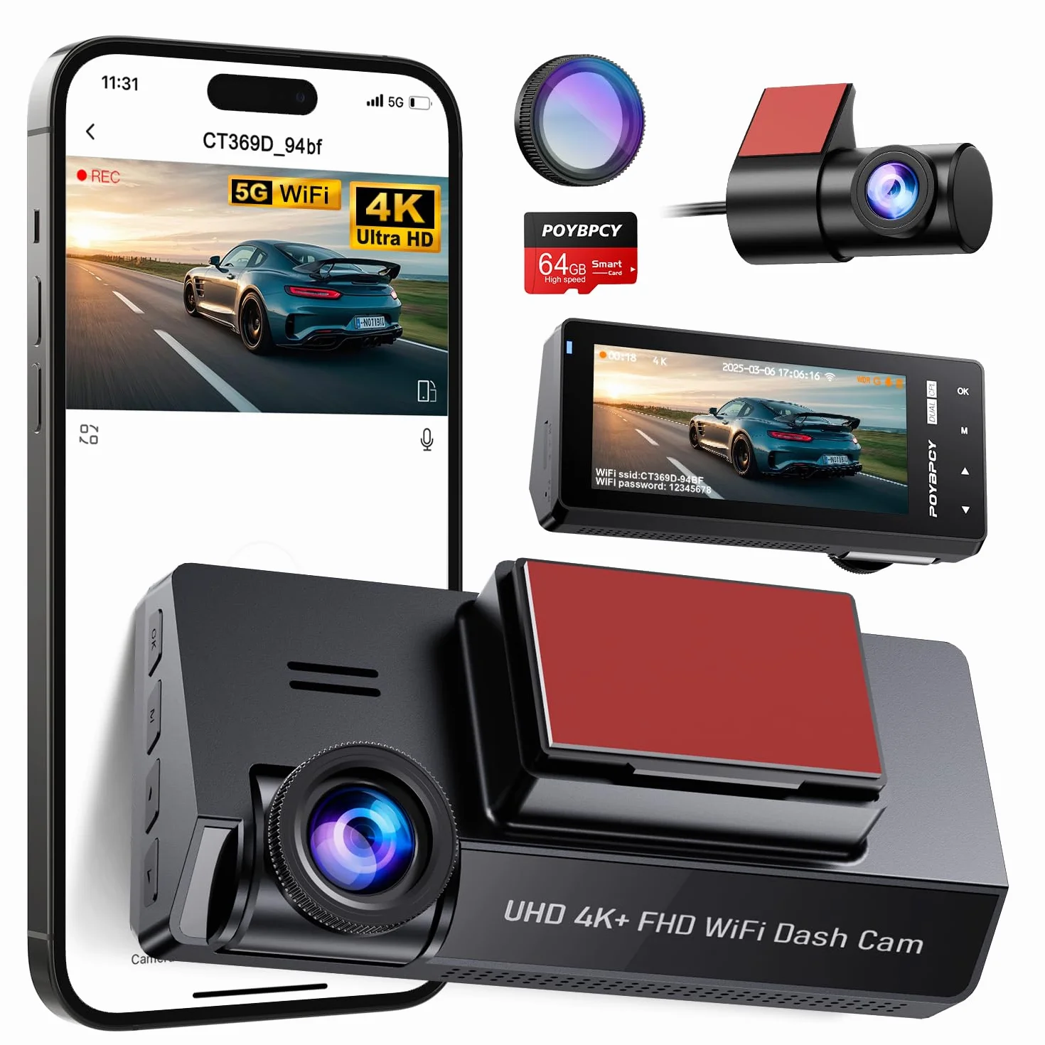 kamera samochodowa przód tył 4K+1080P z filtrem CPL,Kamera samochodowa obracana o 360°,karta SD 64 G,5GHz WiFi Dash Cam, ekran 3,69",170°+140°,czujnik G,nagrywanie w pętli,monitorowanie parkowania