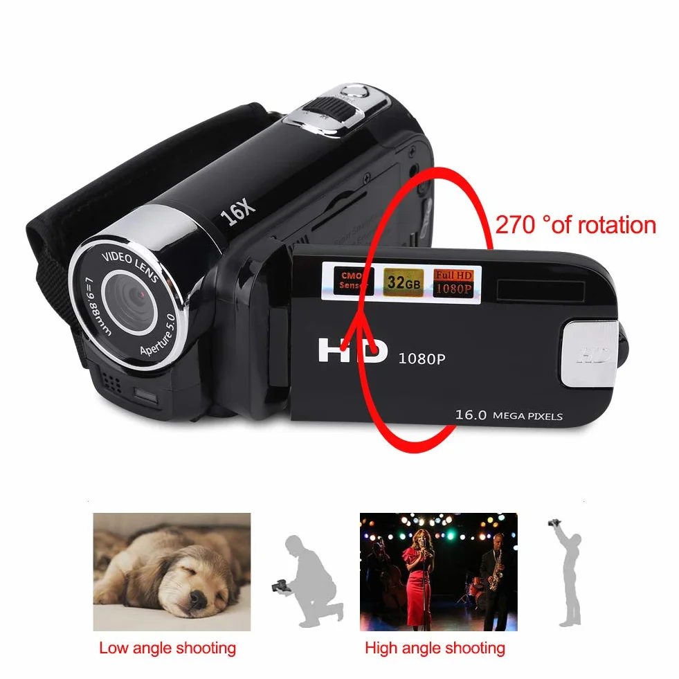 Kamera Cyfrowa Full HD 1080P 16X Zoom Obrót 270° DV Wideo EU-Black