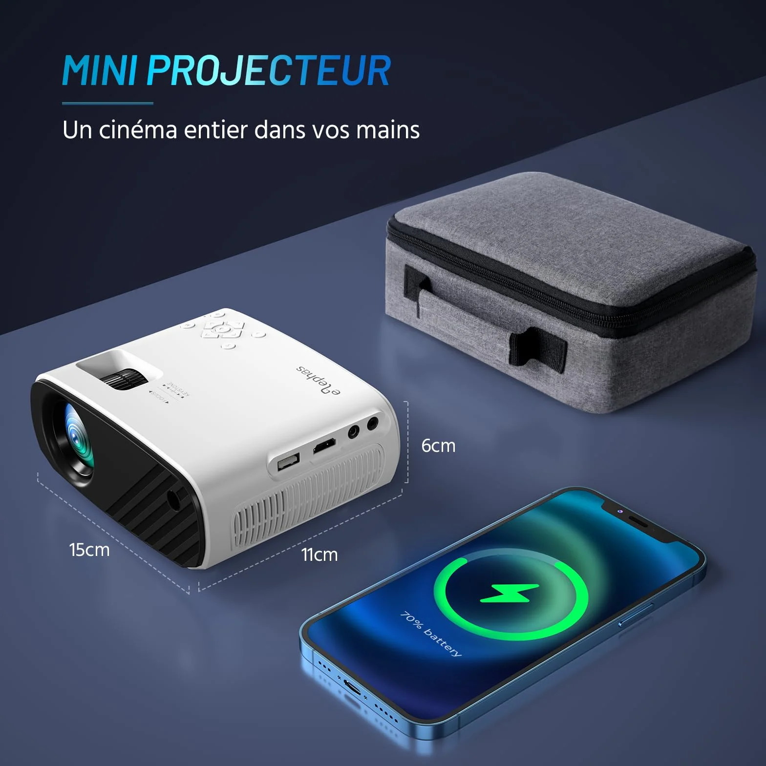 projektor ELEPHAS 1080P Full HD 14000Lux 4K ze statywem i torbą