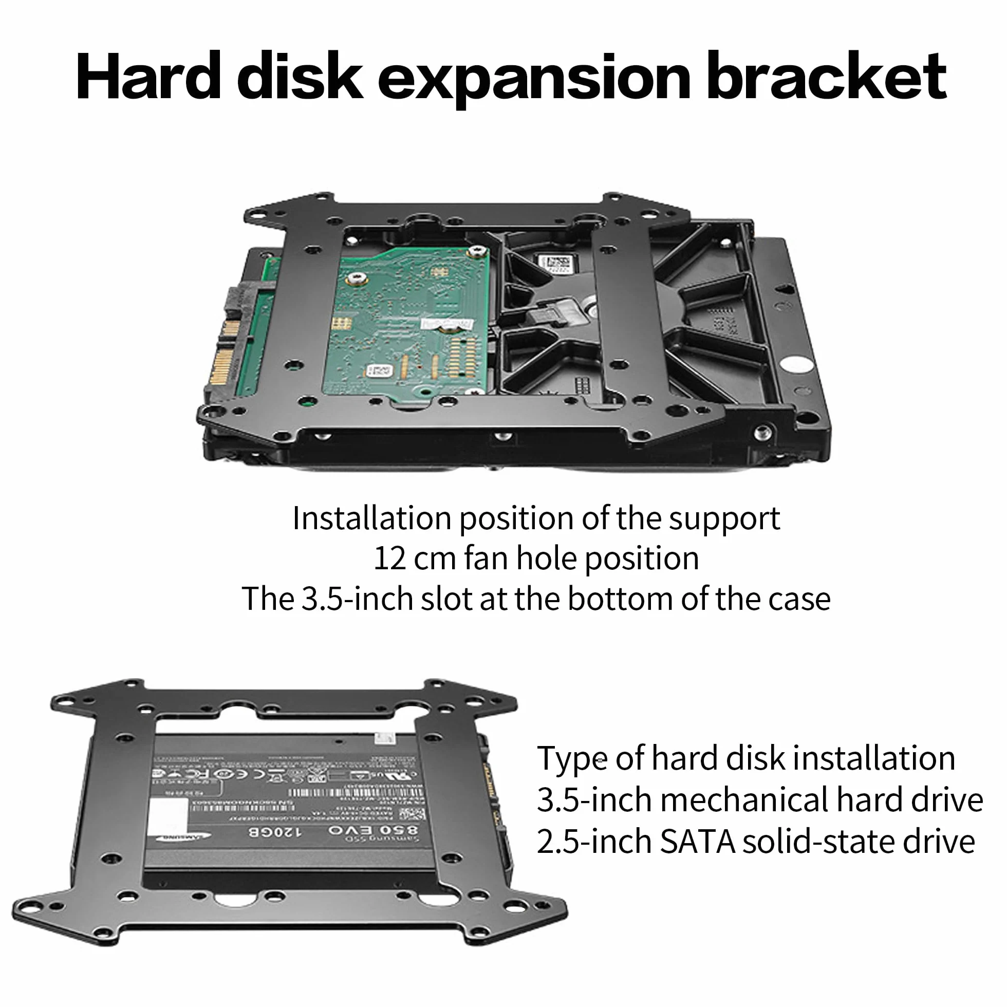 Metalowy uchwyt na dysk twardy HDD/SSD 2,5/3,5 cala do wentylatorów 8/12 cm