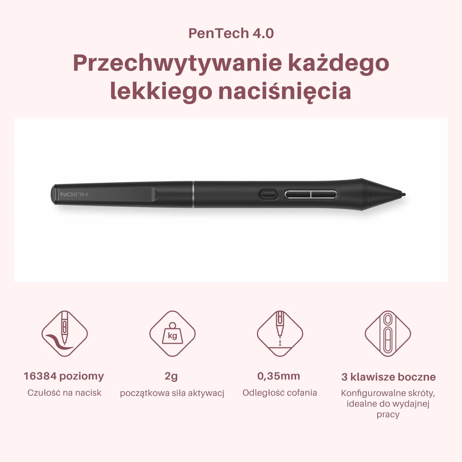 HUION Kamvas 13 Gen 3 Tablet graficzny 13,3 cala Różowy PenTech 4.0 nacisk pióra 16384