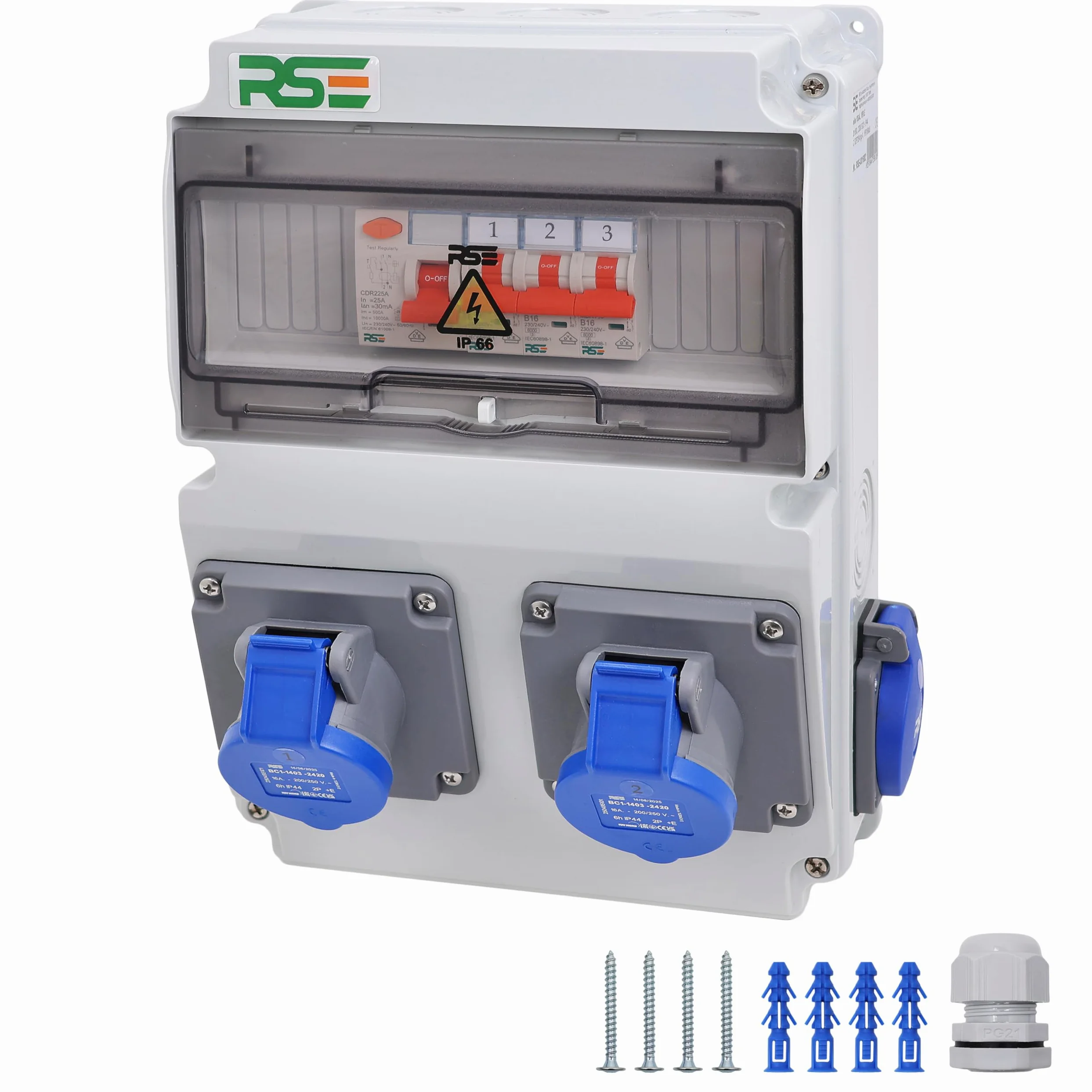 Rozdzielacz kempingowy rozdzielacz ścienny całkowicie okablowany CEE 16A 230V z wtyczką kempingową licznik IP65, 11. 1 x 230 V + 2 x kemping + LS+FI
