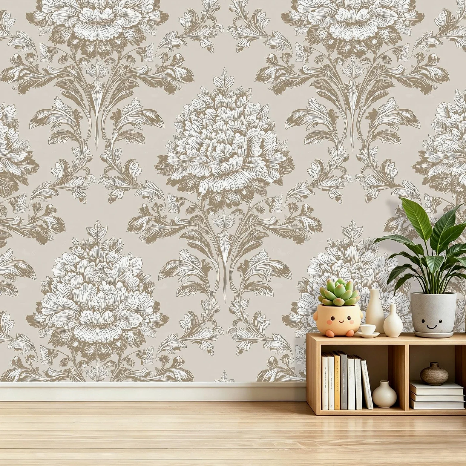 Fototapeta 300 x 210 cm ściany dekoracja salonu apartament główny adamaszek eleganckie kwiaty liście do sypialni salonu tapeta z włókniny, beżowy
