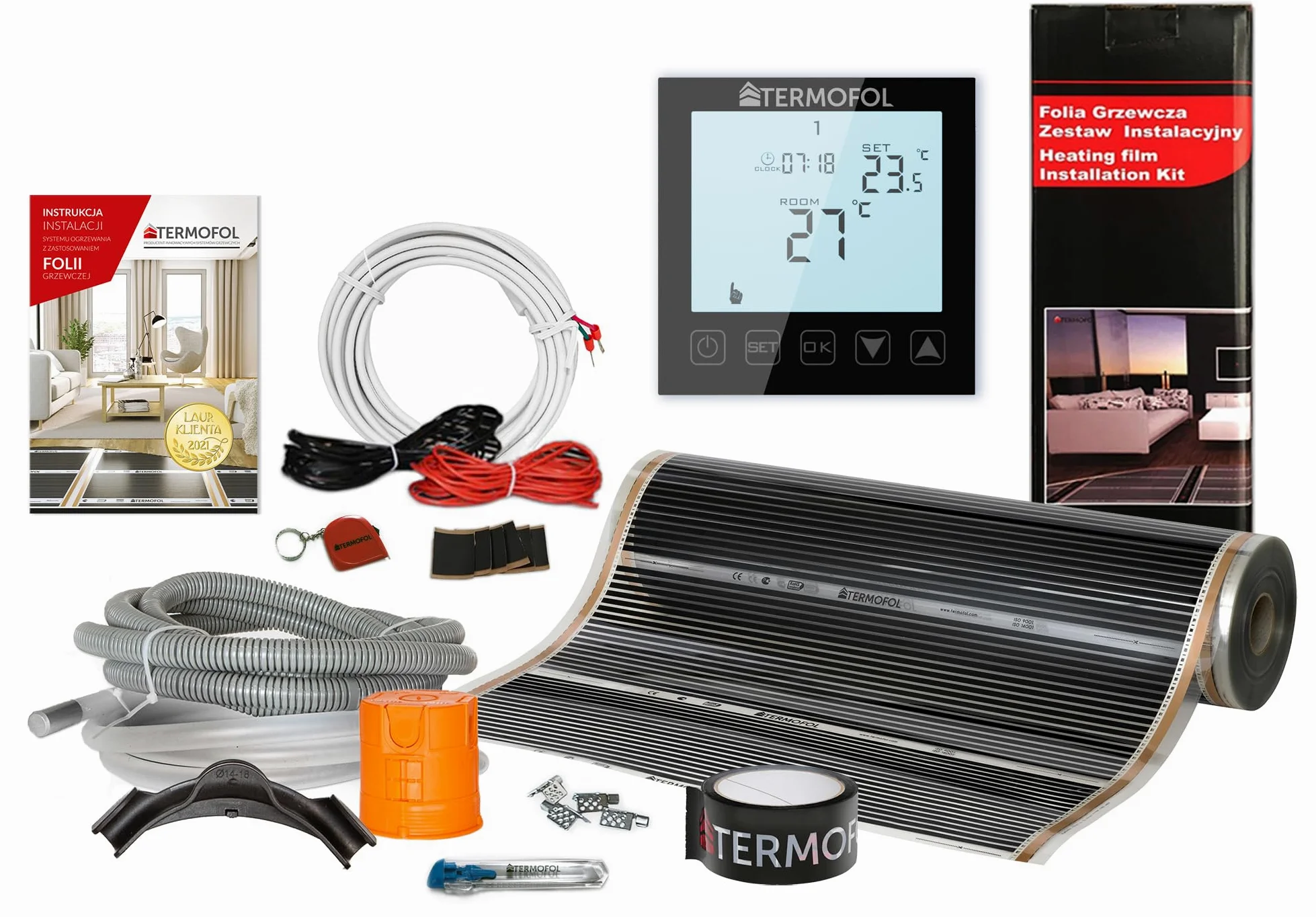 Termofol Elektryczne ogrzewanie podłogowe folia grzewcza 230 V z termostatem H1 czarna – moc 140 W/m2 – powierzchnia 1 m² – ogrzewanie podłogowe, kompletny zestaw do ogrzewania podłogowego, ściennego