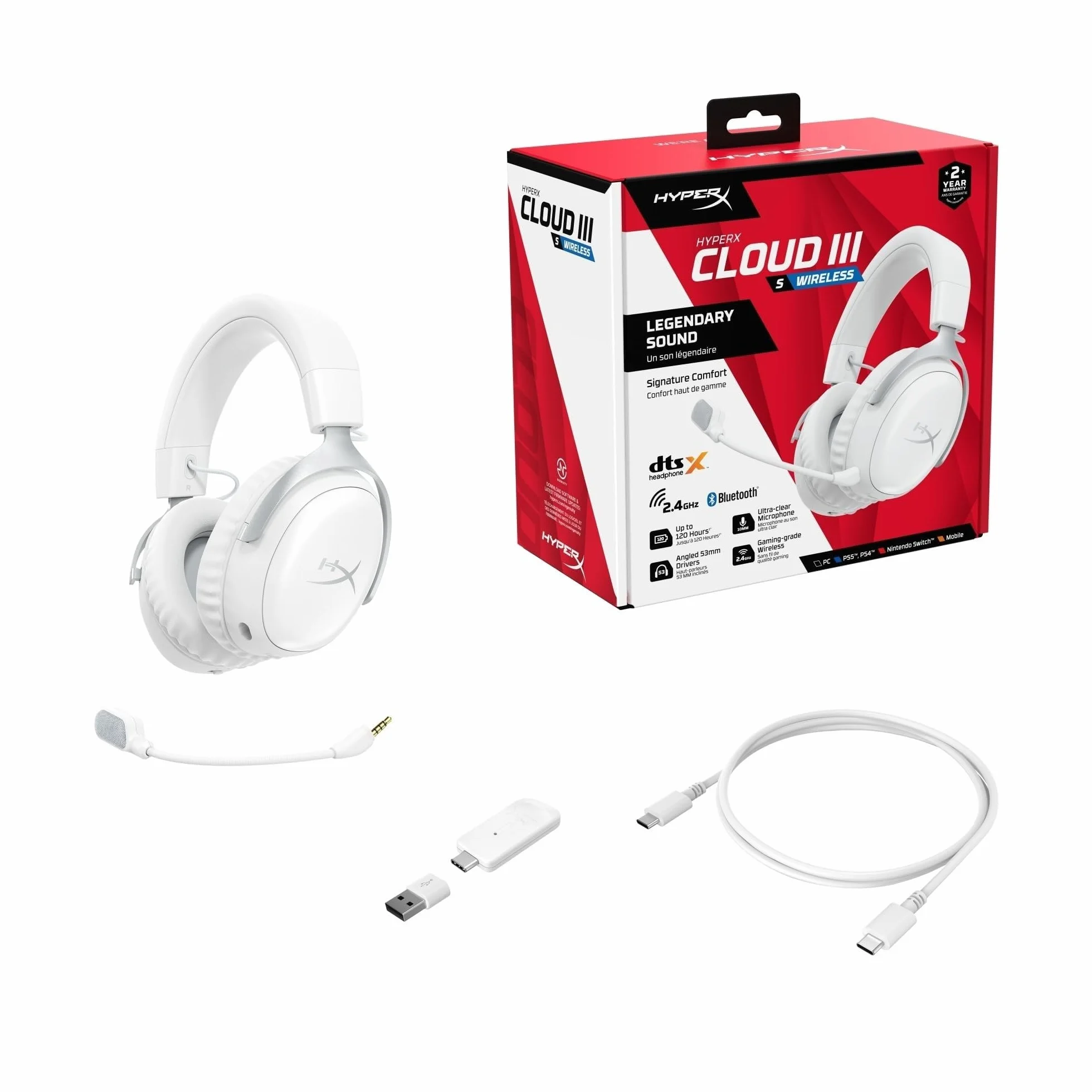 HyperX Cloud III S bezprzewodowe słuchawki do gier, Bluetooth, 2,4 GHz, PC, PS5, Xbox, sterowniki 53 mm, DTS, biały