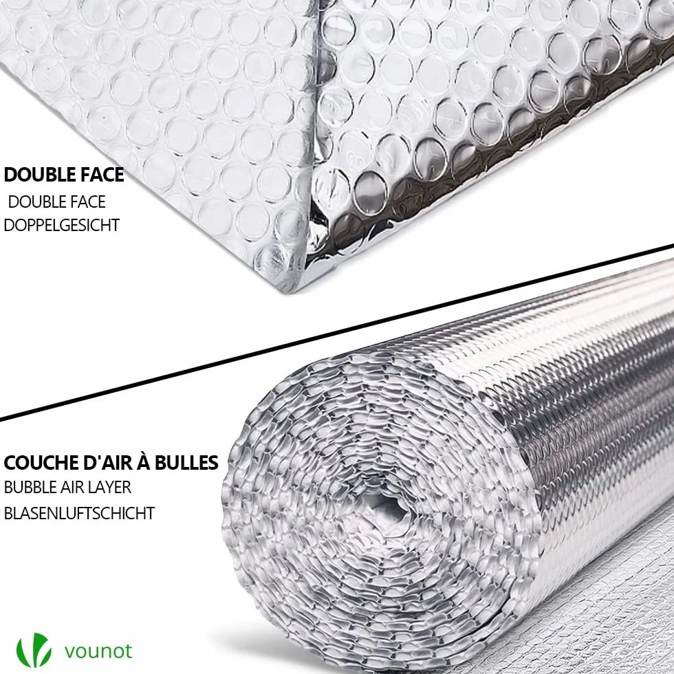 VOUNOT Izolacja Termiczna z Folii Aluminiowanej z Bąbelkami Dwustronnie 3 mm Odporna do Reflektora Chłodnicy Ciepła i Ochrony Przed Zimnem, Idealna do Okna, Samochodu, Chłodnicy 1 x 20M
